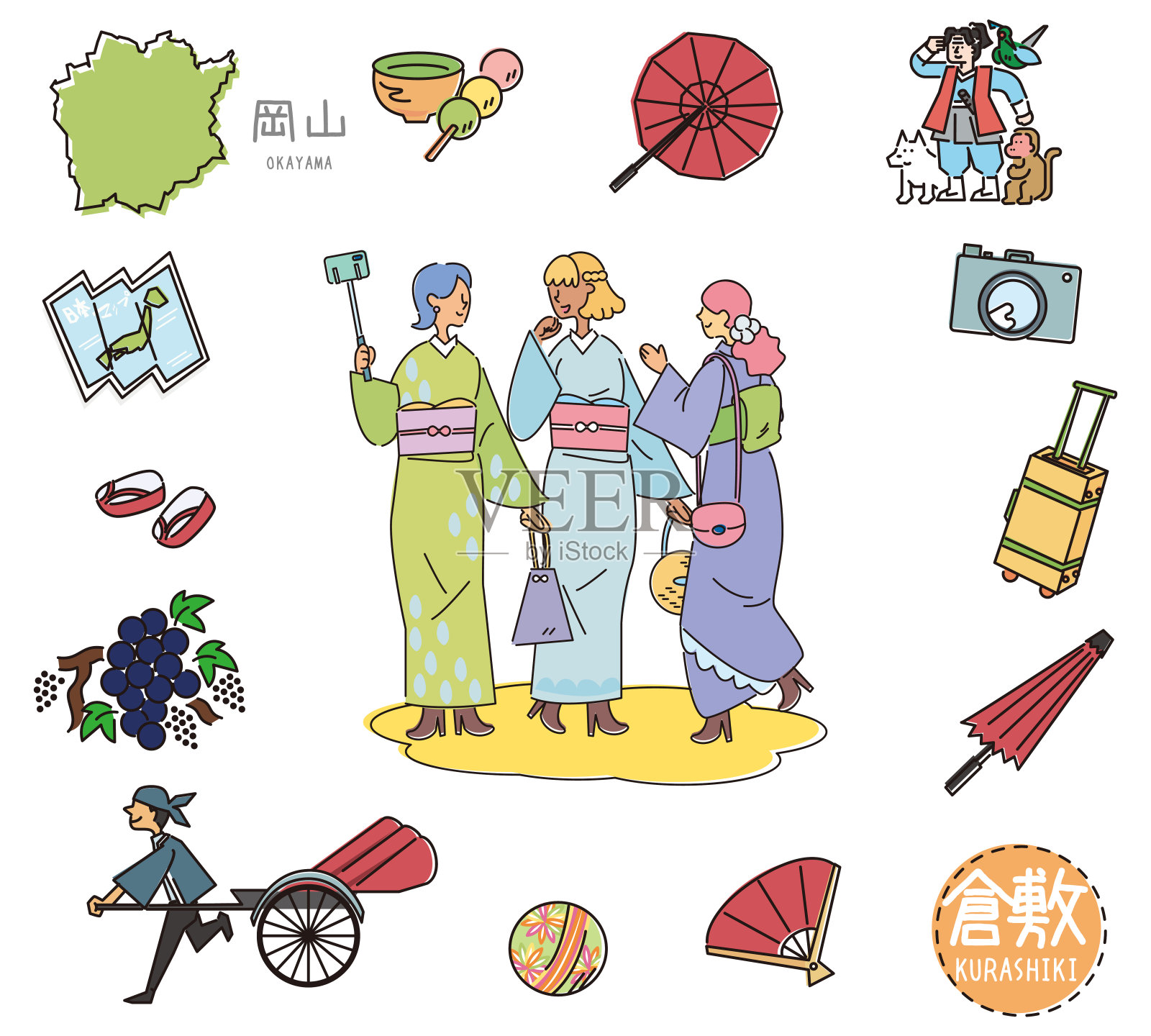 日本冈山仓敷著名景点图标及和服女性友人(线描)插画图片素材