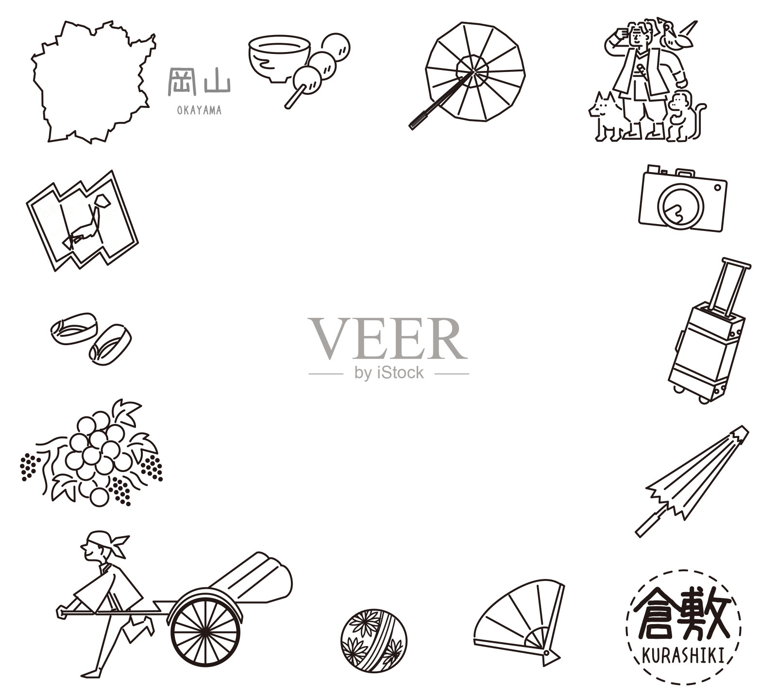 日本冈山仓敷著名景点图标集(线条图(WB))插画图片素材