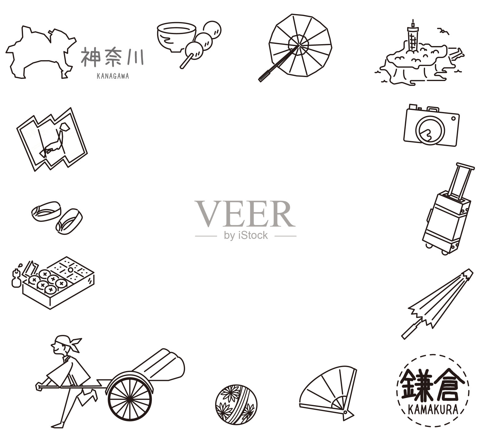 日本神奈川镰仓著名景点图标集(线描(WB))插画图片素材