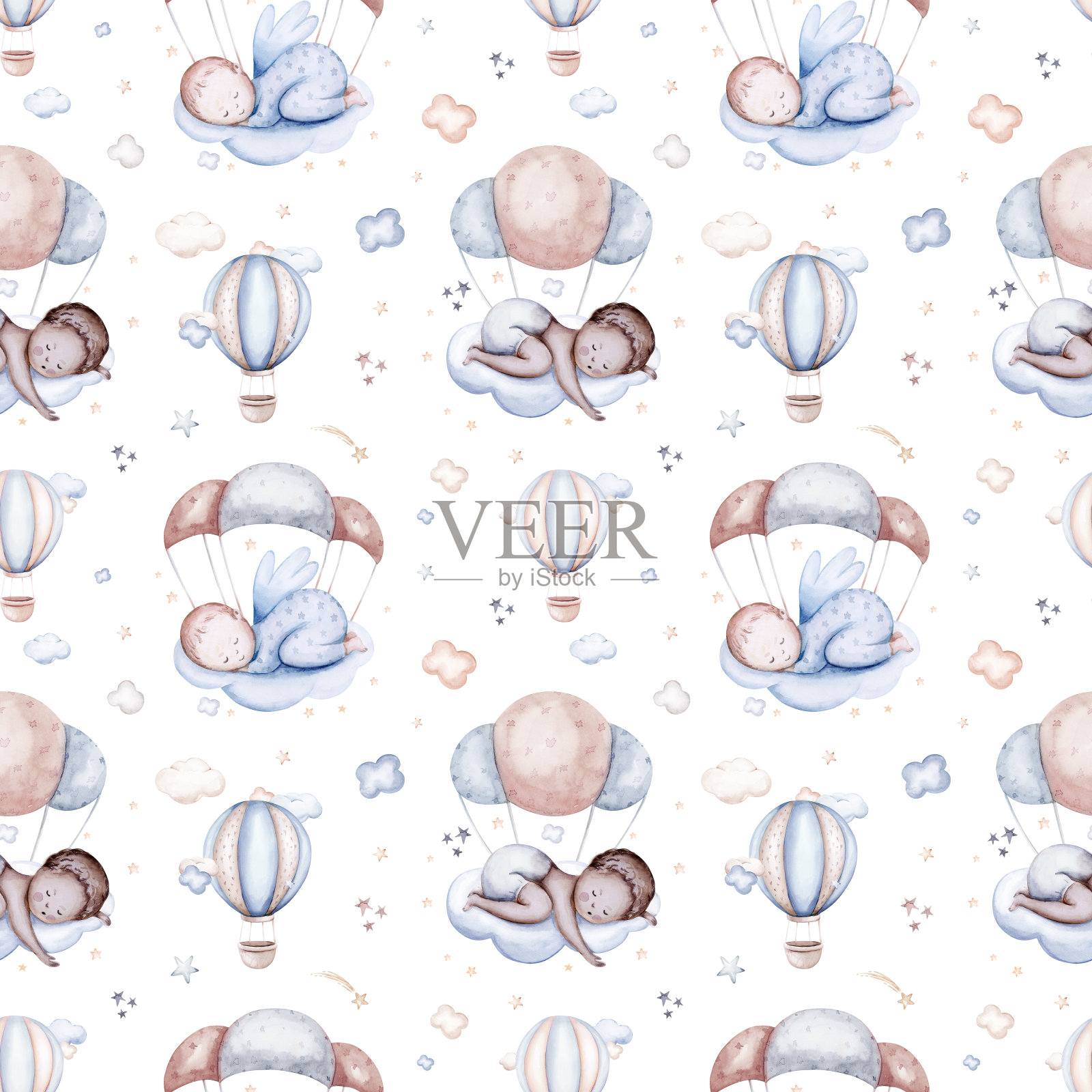 水彩新生儿男婴无缝图案婴儿男婴。生日蓝色背景的帐篷，新生儿和怀孕前的妇女插画图片素材