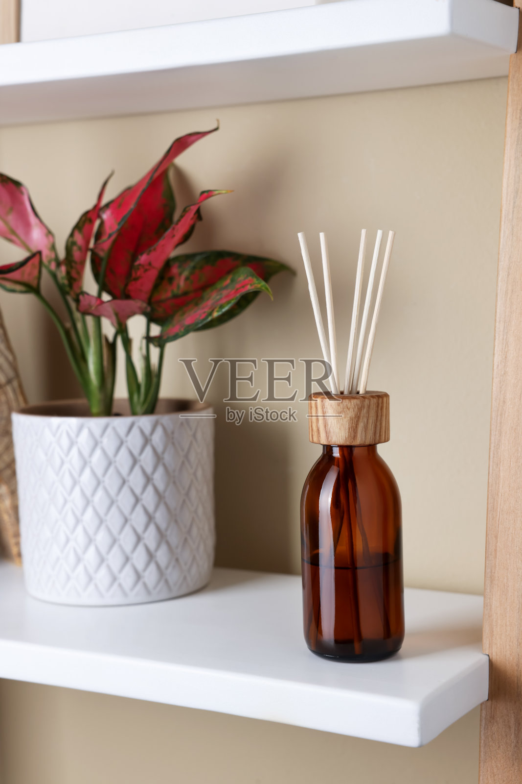 芳香芦苇空气清新剂附近的室内植物在木架子上照片摄影图片