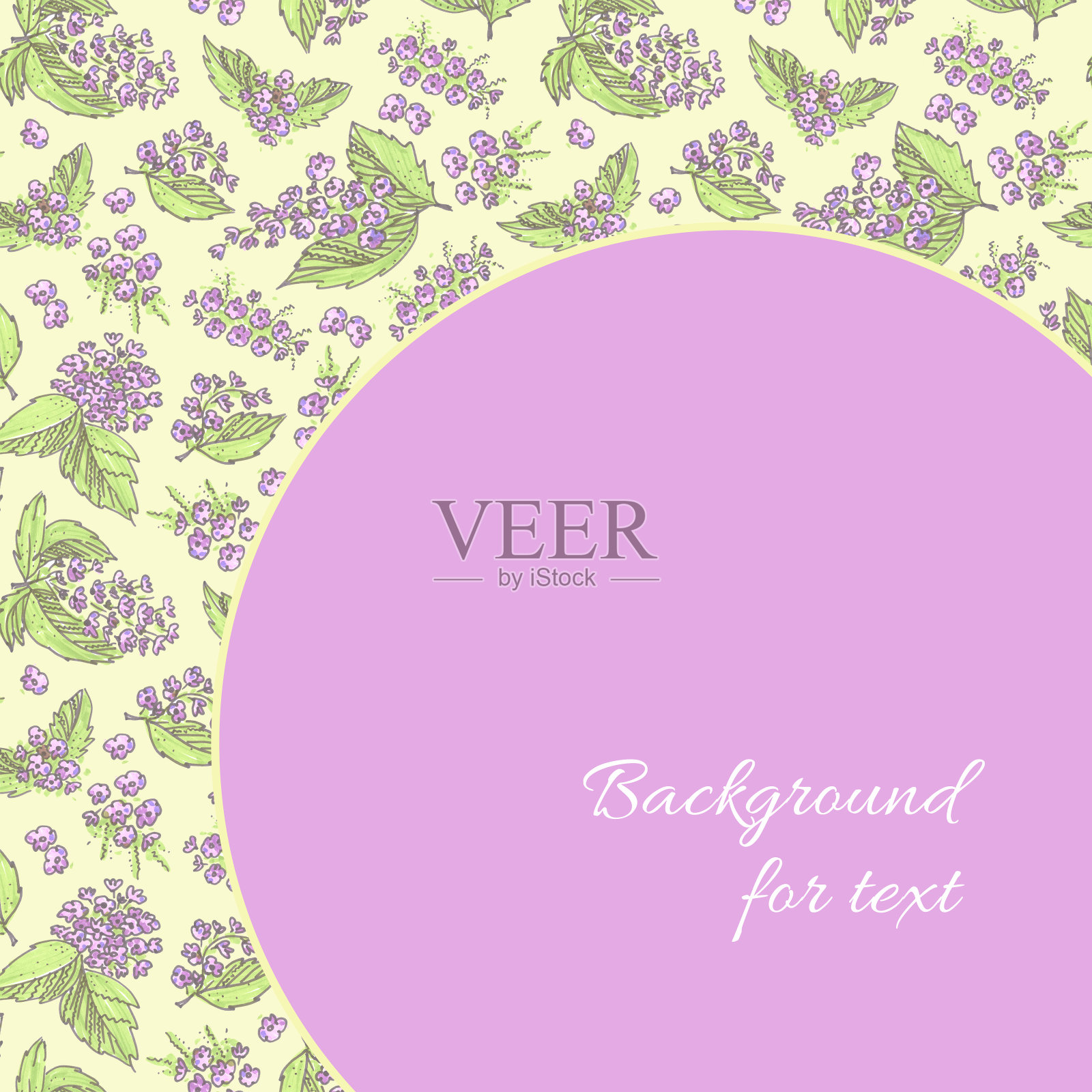 模板背景上的假期花黄色semeless模式。为右边的文本圈出粉红色背景。毛毡笔紫罗兰和紫色花与绿叶元素在涂鸦风格的网页横幅。插画图片素材