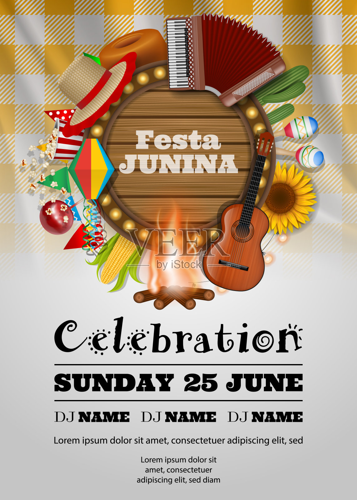 节日朱妮娜海报与巴西元素和圆形木制招牌板。六月巴西节日背景插画图片素材