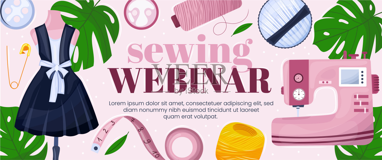 缝纫横幅或登陆页设计。缝纫网络研讨会。插画图片素材