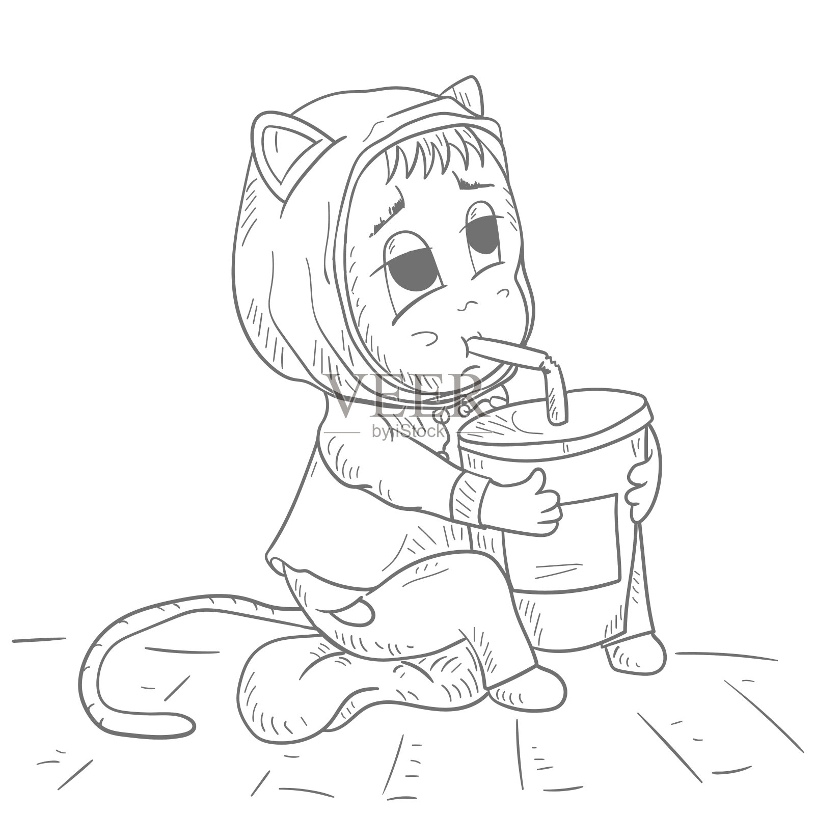 有趣的小男人赤壁穿着衣服坐着喝着杯子里的果汁，通过吸管轮廓矢量插图插画图片素材