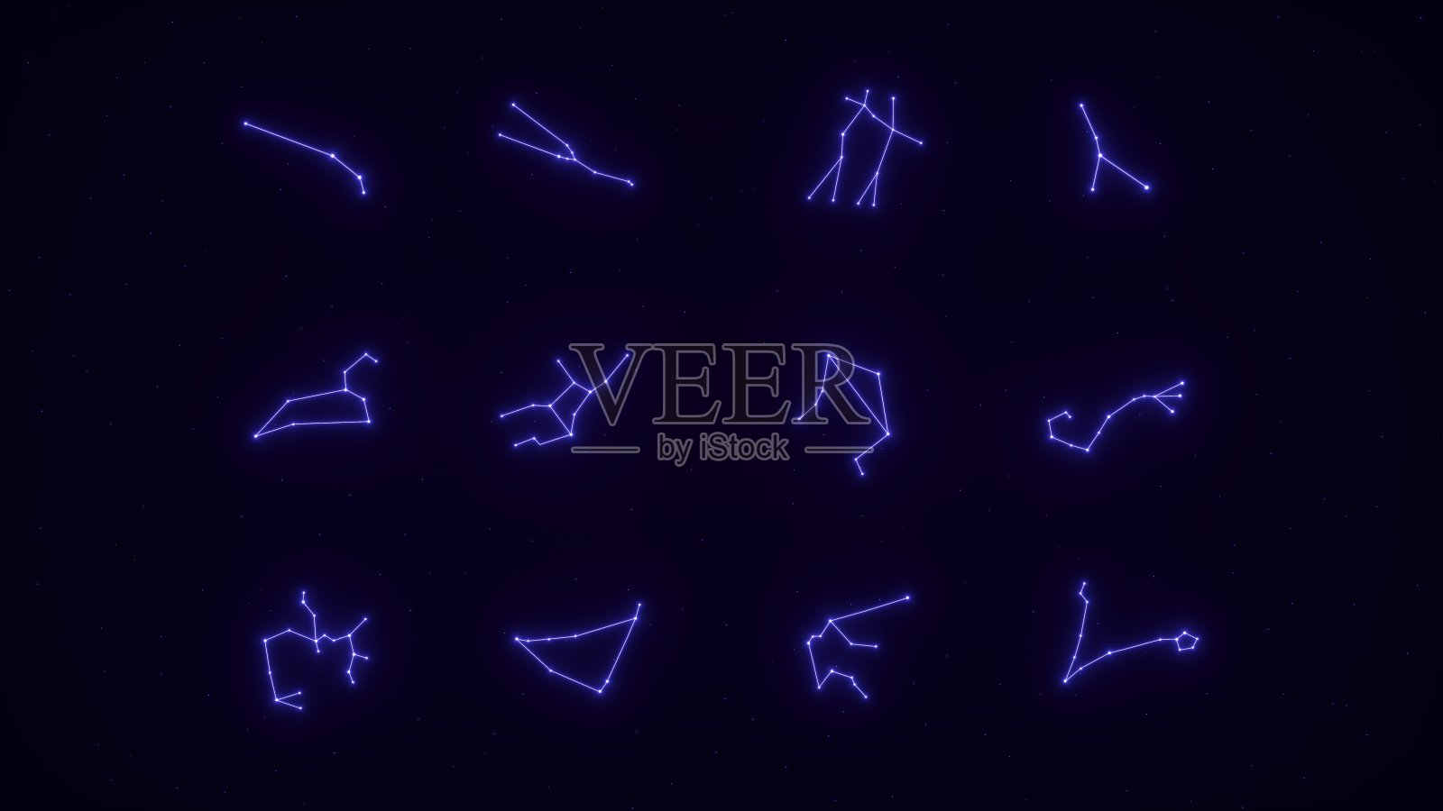 紫色霓虹灯一套所有星座与星星- 3D插图照片摄影图片