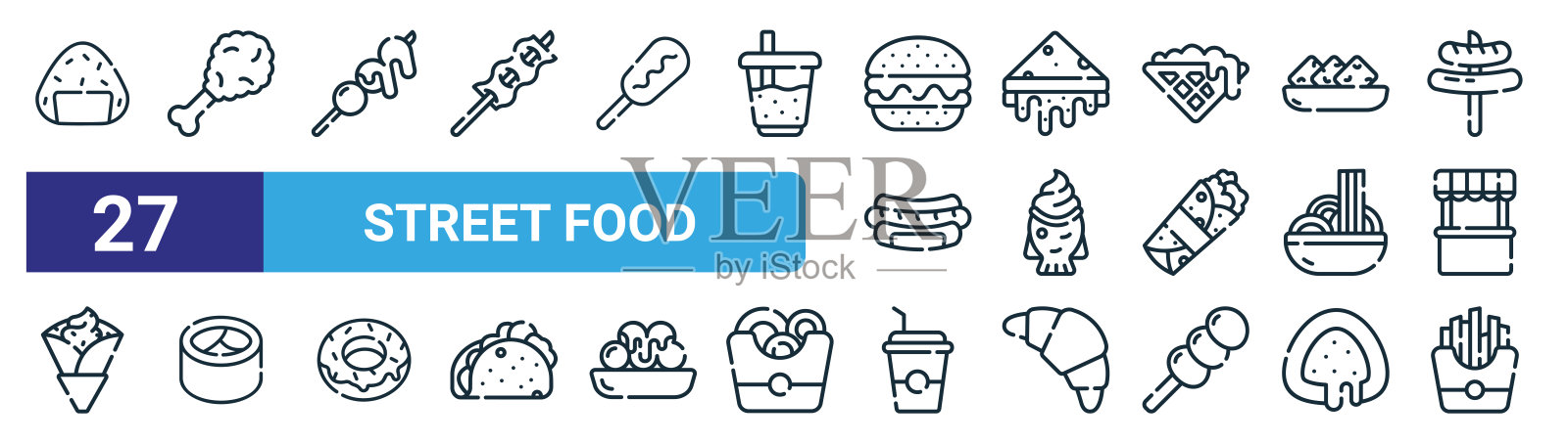 一套27轮廓网络街头食物图标，如饭团，炸鸡，肉丸，三明治，太烧，寿司，咖啡，法国火矢量细线图标的网页设计，移动应用程序。图标素材