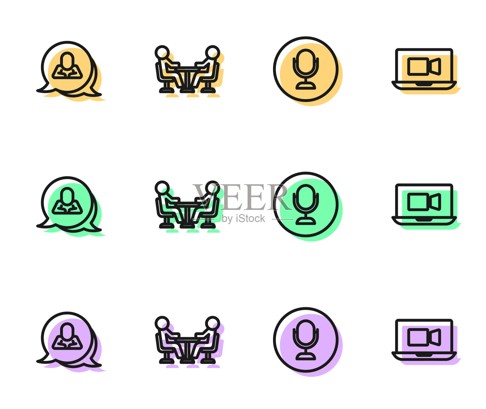 设置线路麦克风、语音气泡聊天、会议和视频会议图标。向量图标素材