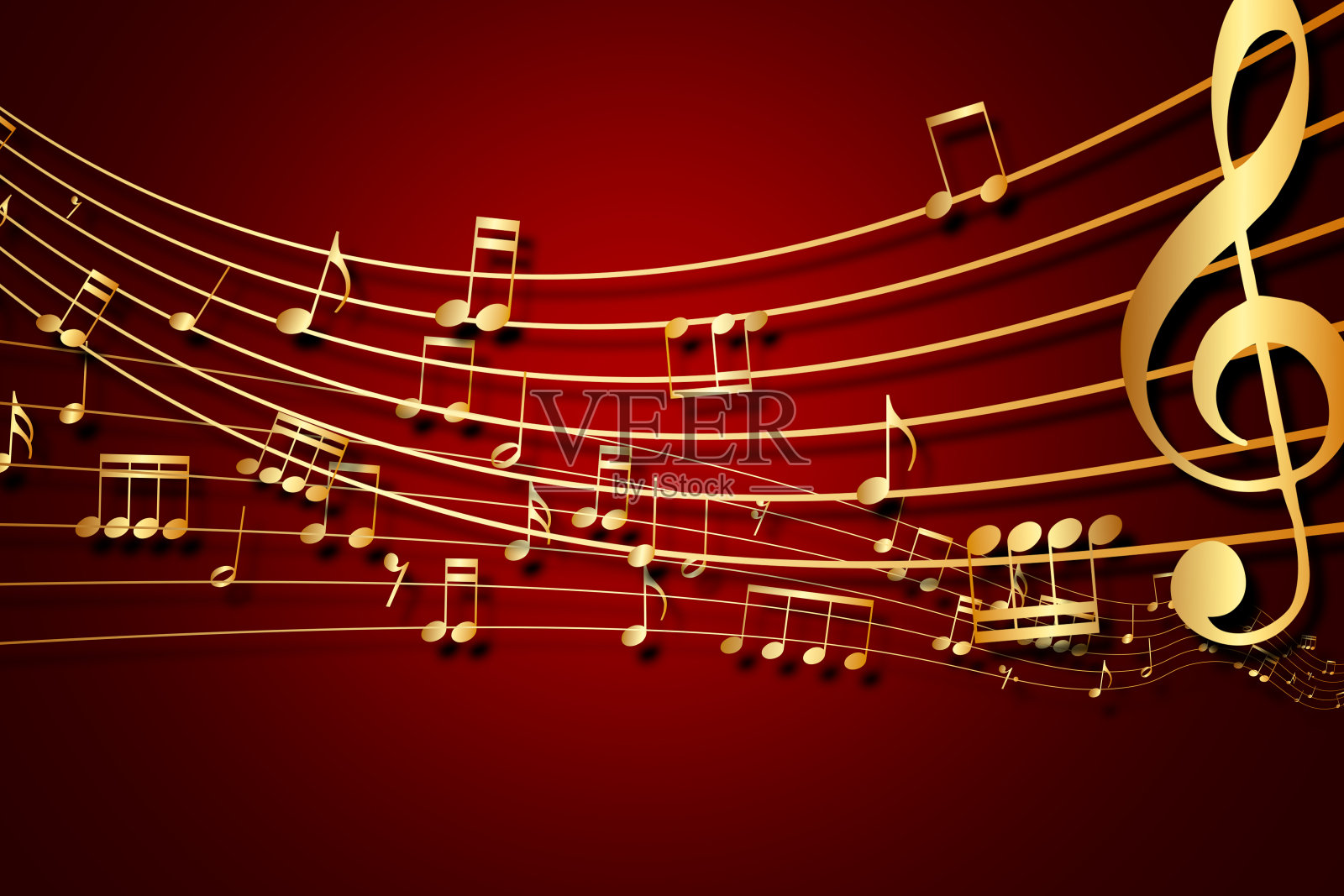 抽象的音乐背景。金色的音符和高音谱号对线波的声音曲调插画图片素材