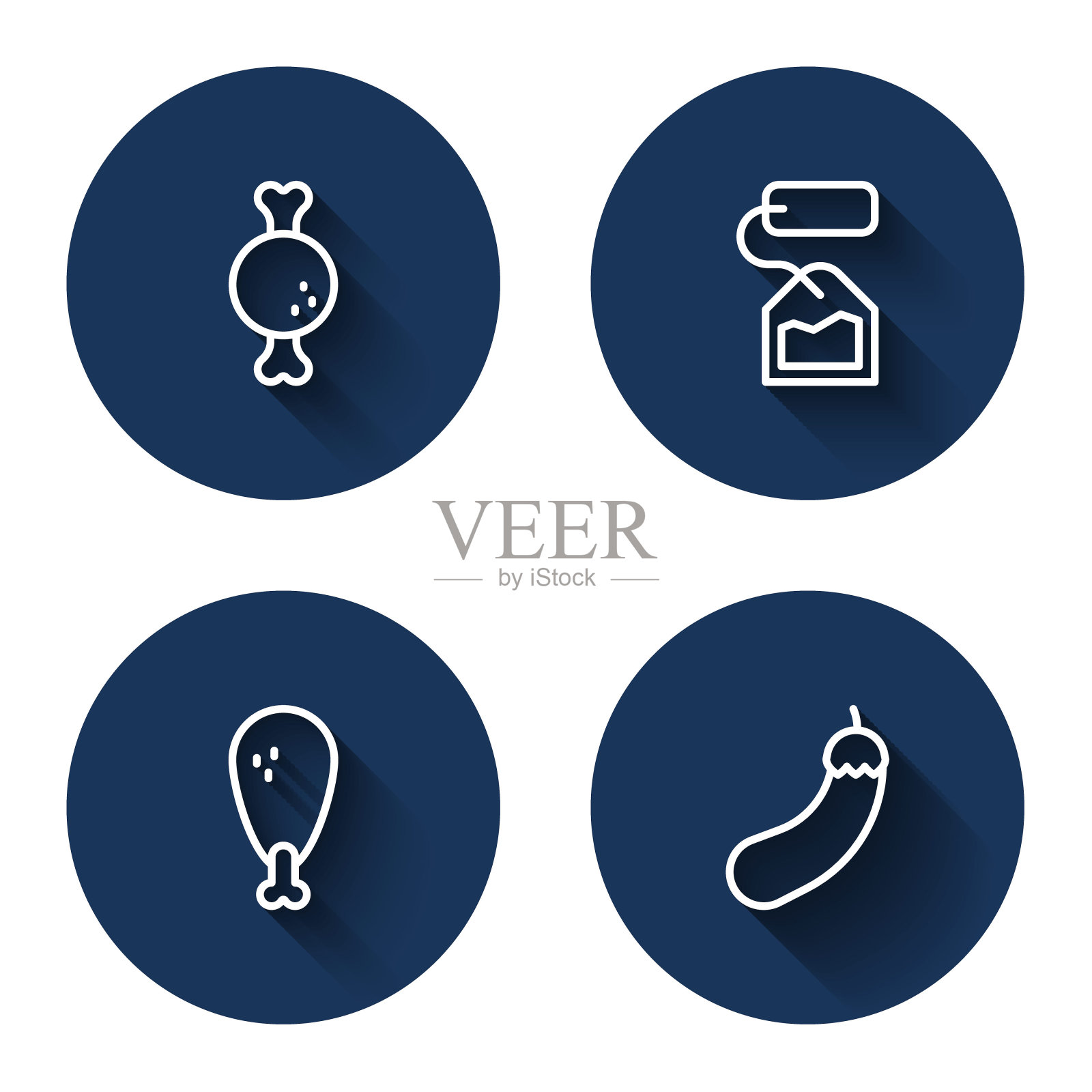 设置线条鸡腿，茶包，茄子与长阴影。蓝色圆圈按钮。向量插画图片素材