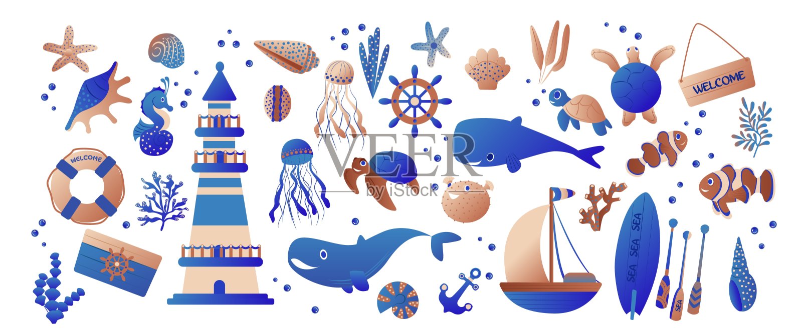 海底设置-灯塔，鲸鱼，鱼，海龟，贝壳，冲浪板，藻类，水母，海马，宝箱等。完美的剪贴簿，贺卡，派对邀请，海报，标签，贴纸工具包。插画图片素材