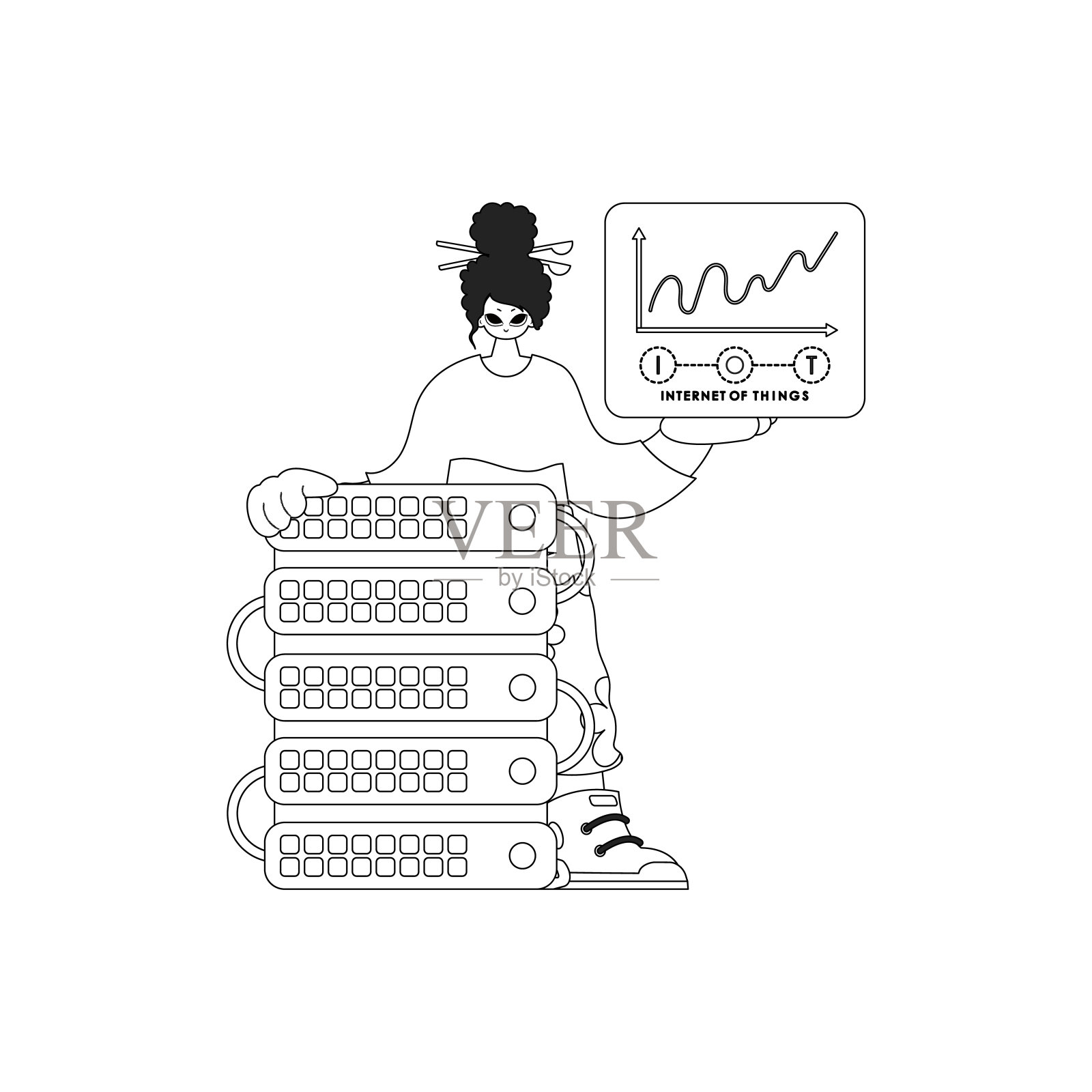 女孩，连接到一个云存储服务器，在物联网的矢量线性风格插画图片素材