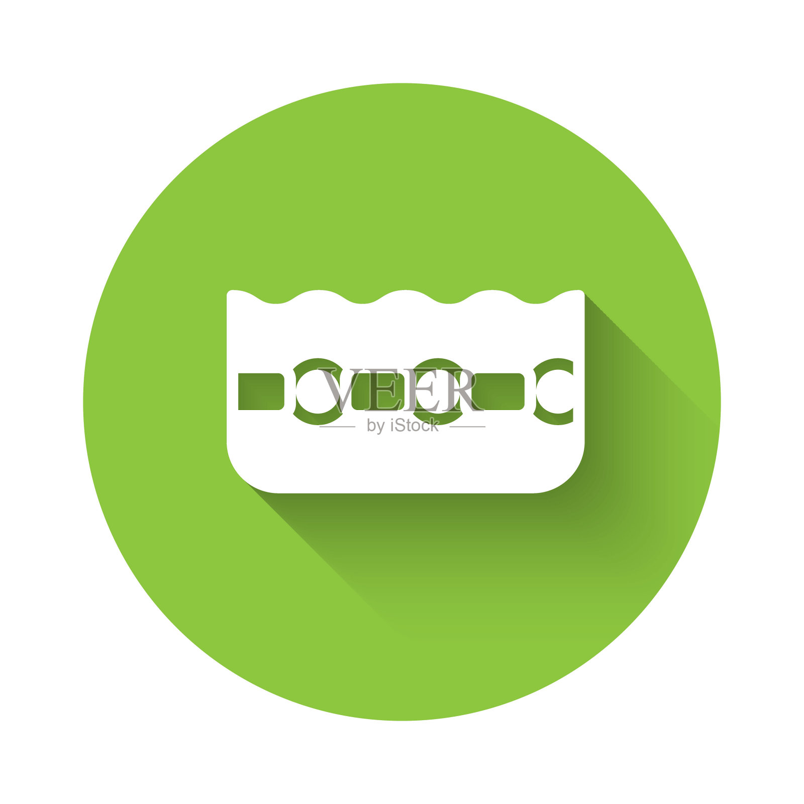 白色游泳池图标孤立与长阴影背景。绿色圆圈按钮。向量图标素材