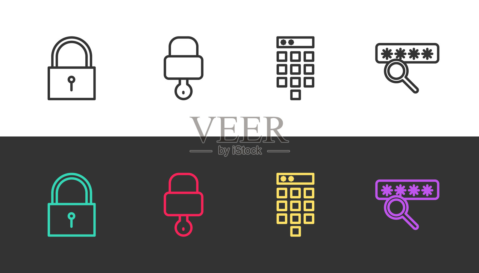 设置行锁，和钥匙，密码保护和黑白。向量插画图片素材