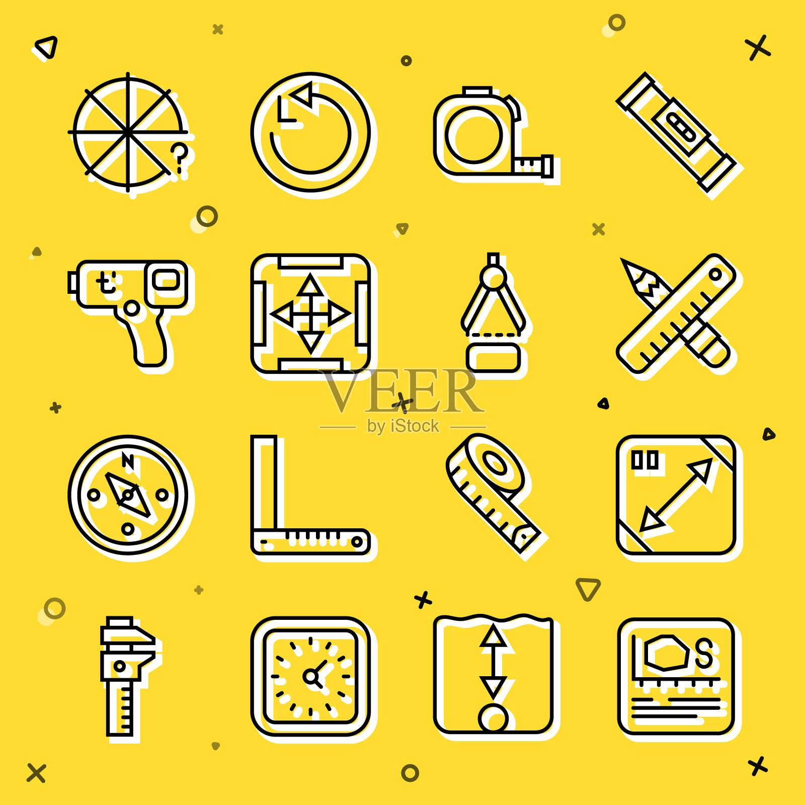 设置线面积测量，对角线测量，交叉尺和铅笔，轮盘结构，数字温度计，圆件和绘图指南针图标。向量图标素材