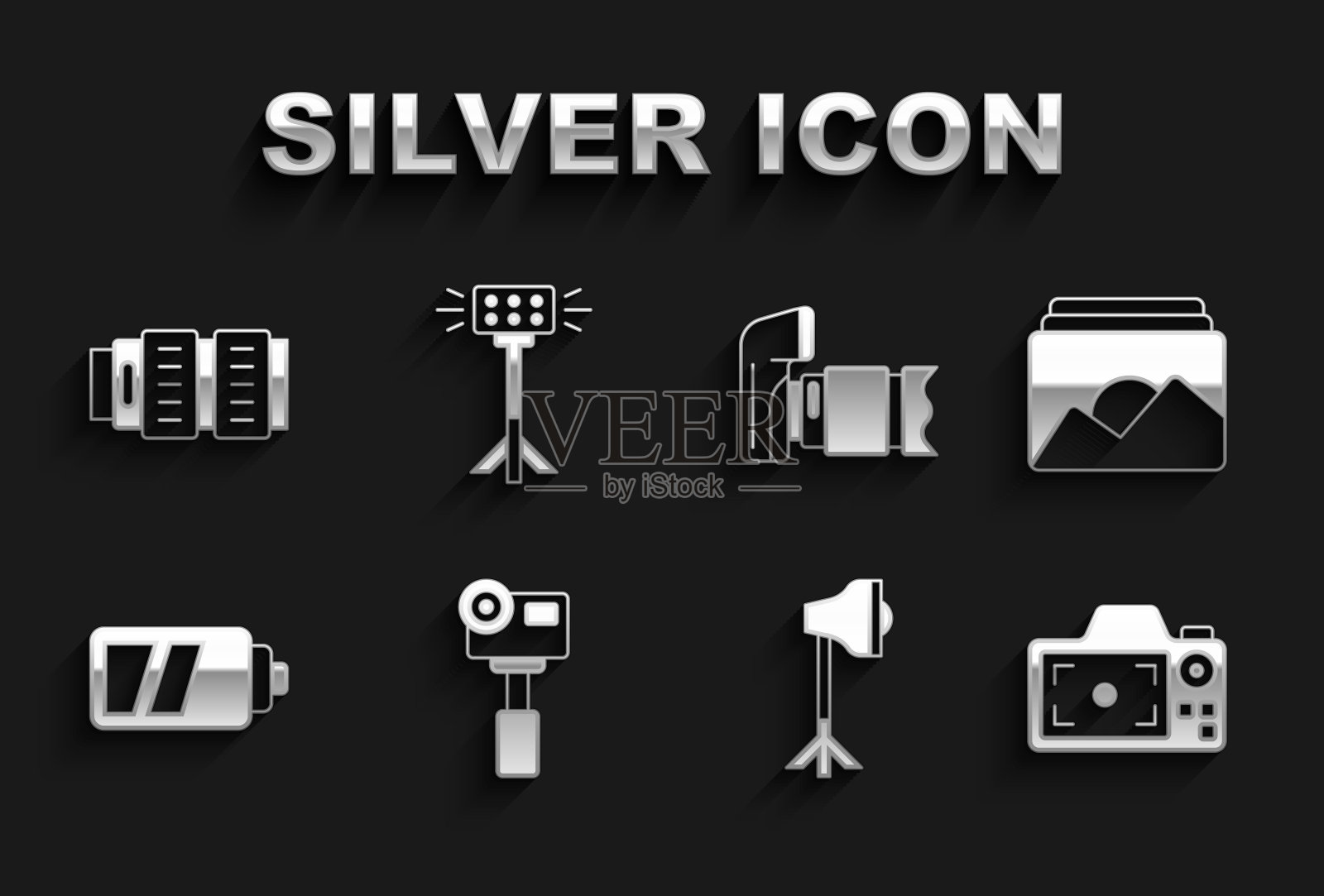 设置动作极限相机，相框，工作室灯泡软盒，电池，相机照片镜头和图标。向量图标素材