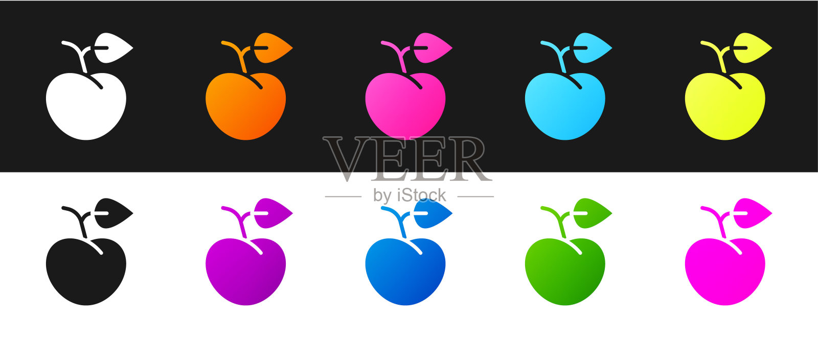 设置桃果或油桃与叶图标孤立在黑白背景。向量插画图片素材