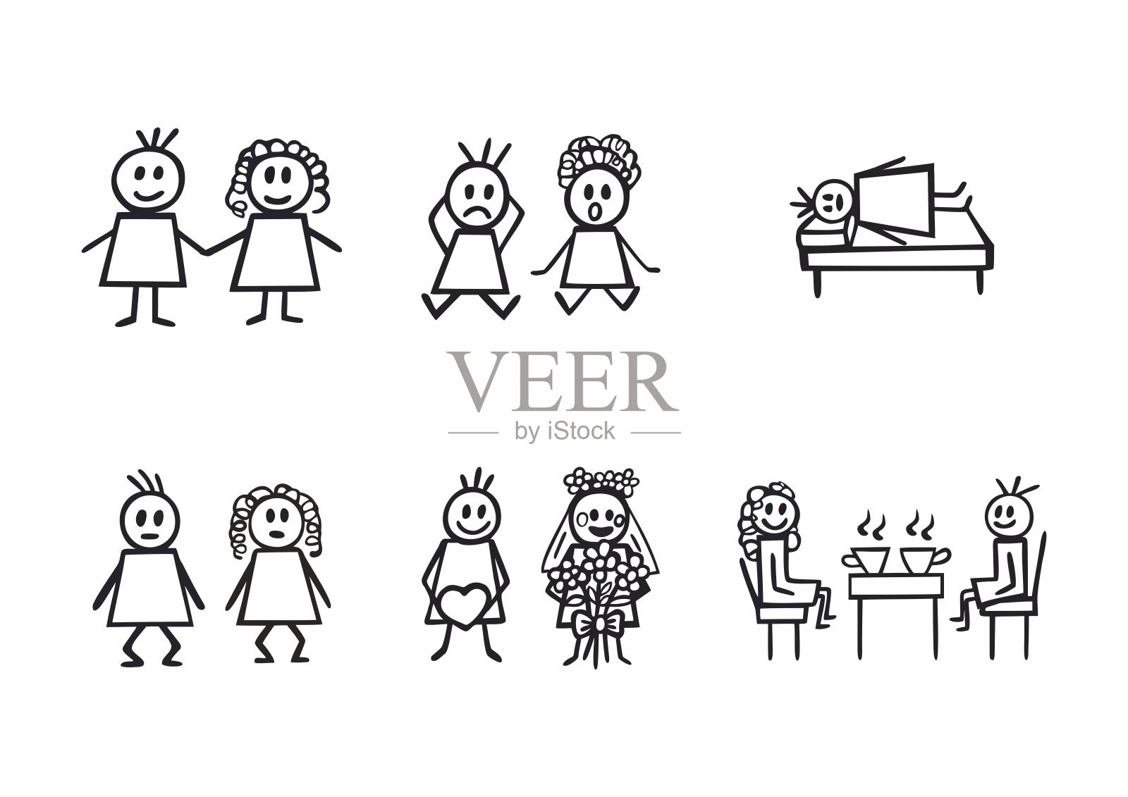 卡通手绘木棍男人和女人在不同的姿势设置。涂鸦向量。插画图片素材