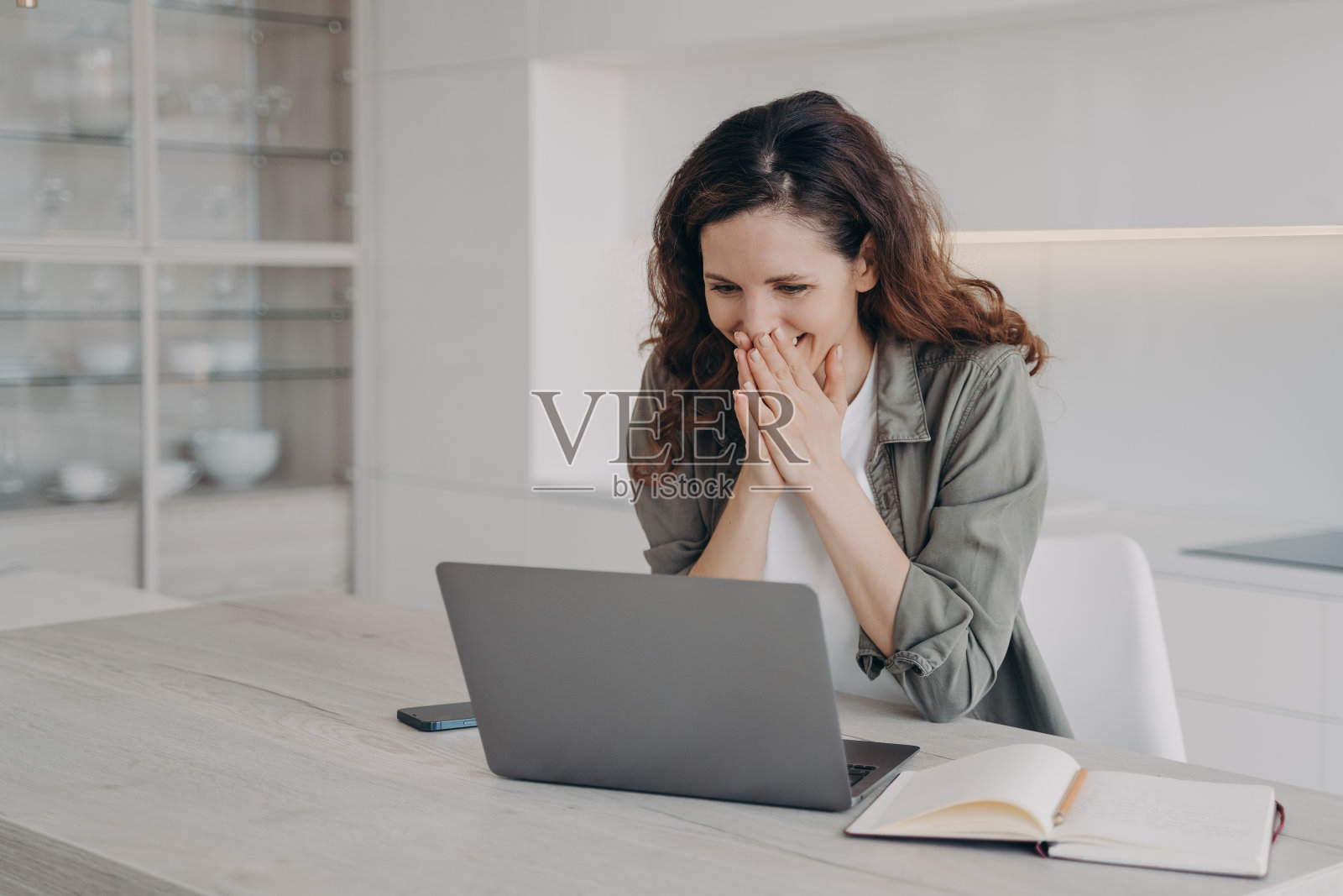 兴奋的年轻女商人在笔记本电脑上进行视频通话。企业互联网会议。照片摄影图片