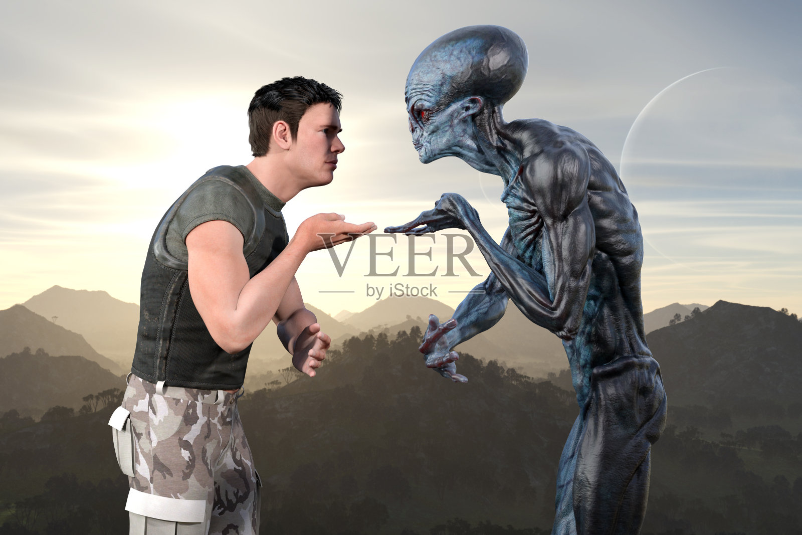 外星人与人类在外星世界争论的插图。照片摄影图片