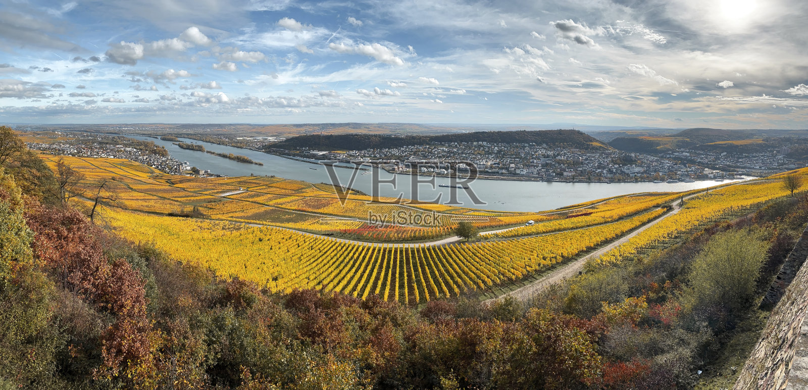 从德国尼德瓦尔德纪念碑观赏莱茵高、宾根和莱茵黑森照片摄影图片