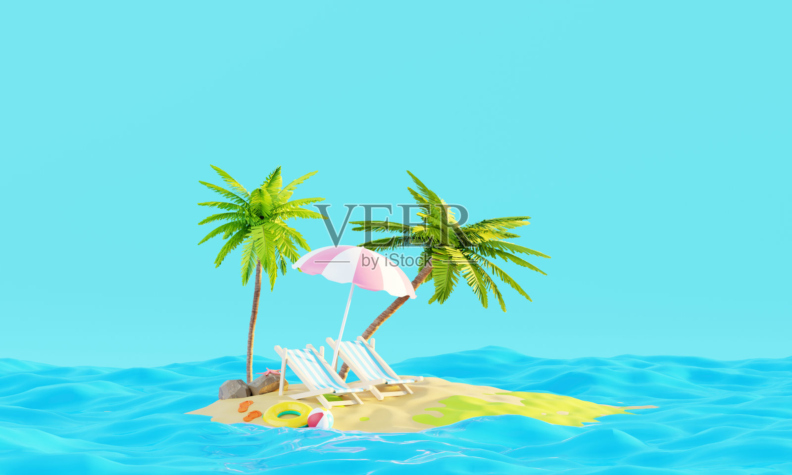 暑假海滩抽象的背景概念，最小现实的展示平台的产品模型或化妆品与夏季主题，沙滩伞，沙子，椅子，充气环。三维渲染照片摄影图片