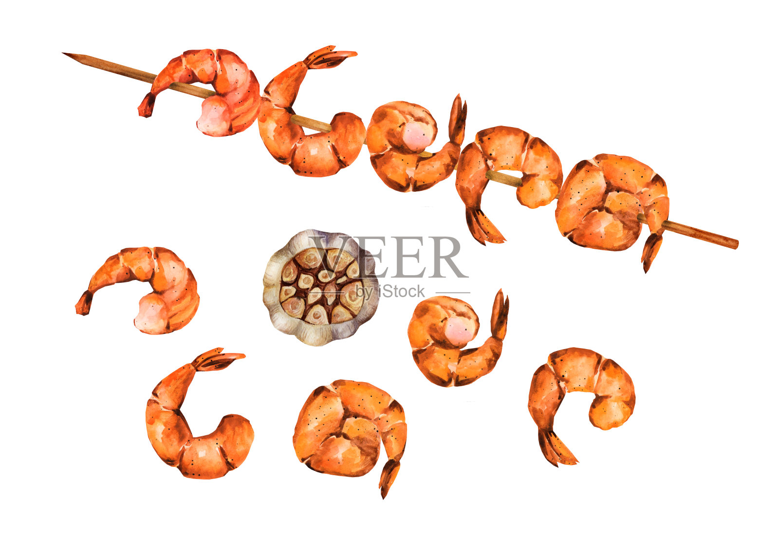 白色背景的烤虾。水彩插图插画图片素材