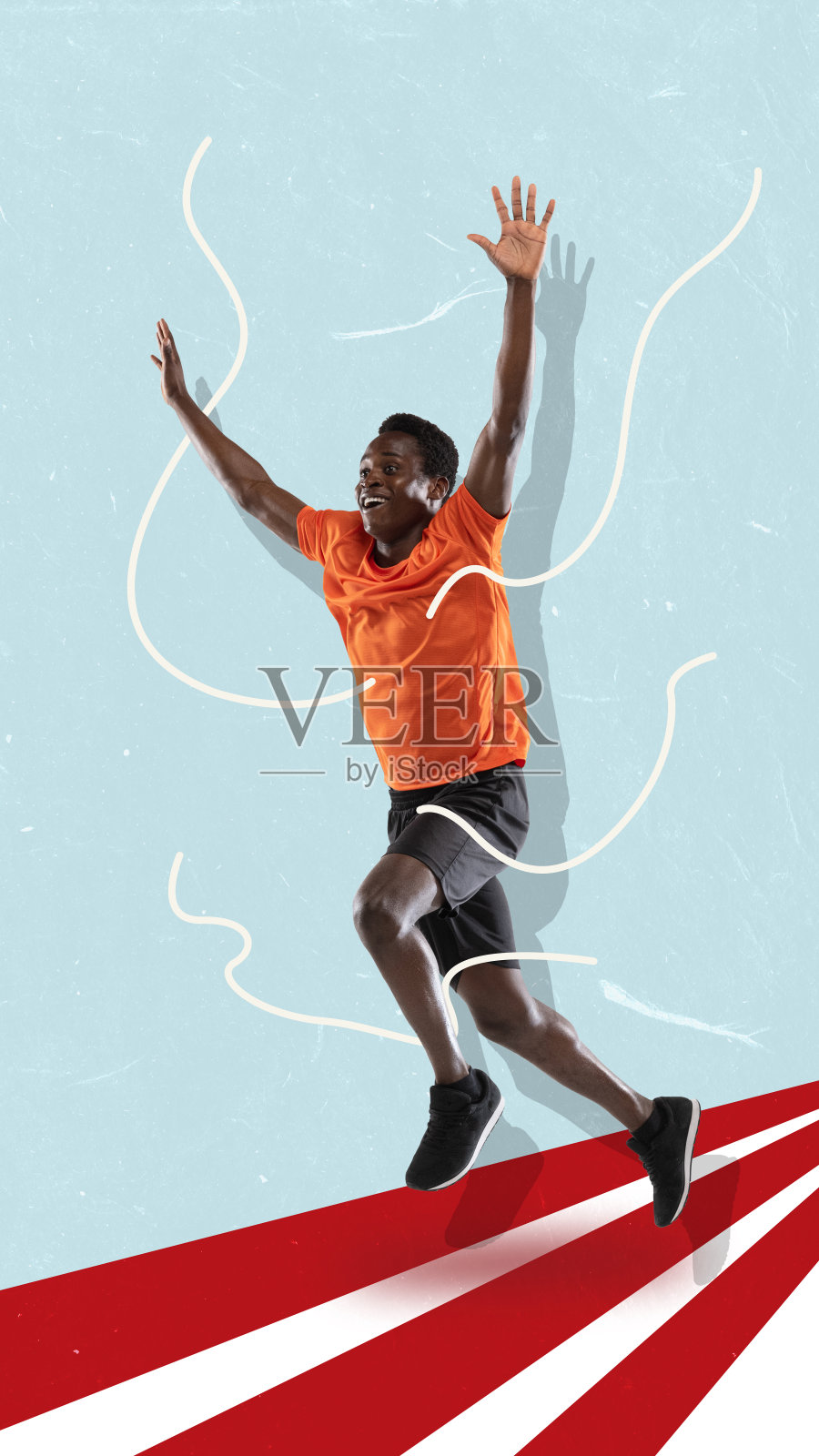 活泼的男性非洲足球运动员，双手高举，欢呼胜利。当代艺术拼贴画、海报。创意、行动、能量、运动、竞争和广告的概念。照片摄影图片