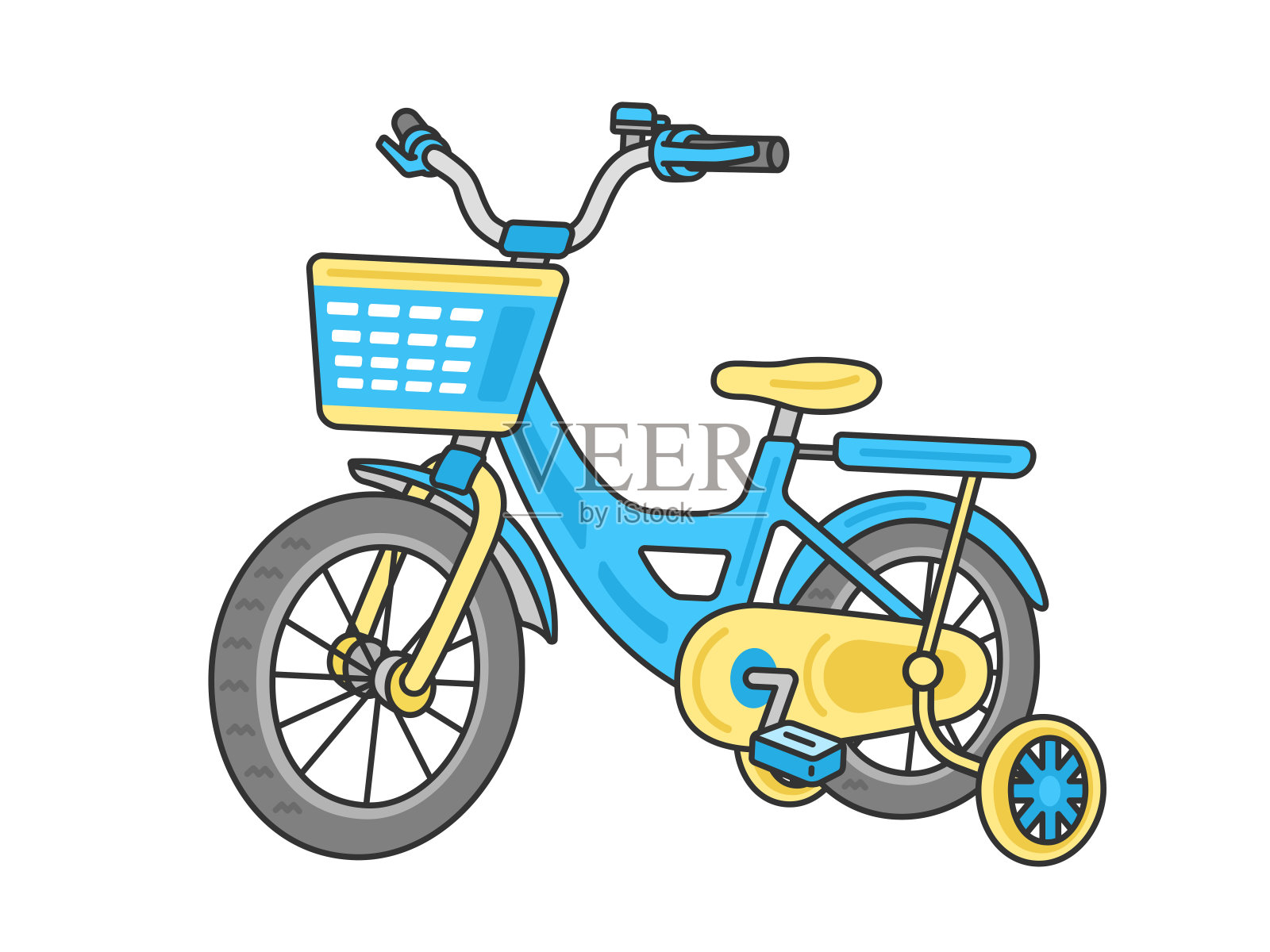 插图的浅蓝色自行车与训练轮的孩子。插画图片素材