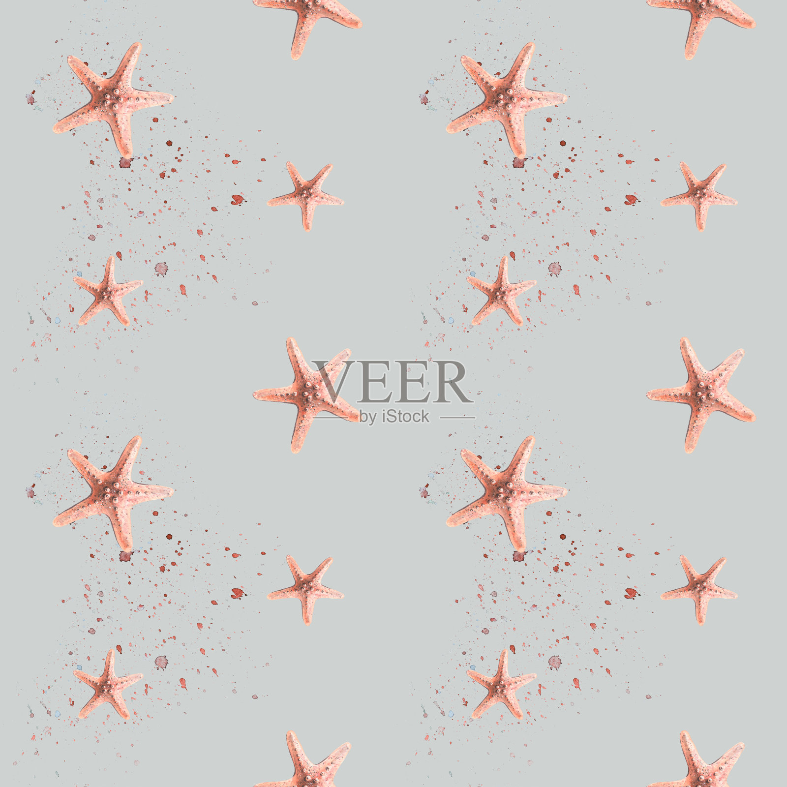 珊瑚色的海星，灰色背景上有飞溅的颜料。水彩插图。无缝模式从美杜莎和海马系列。用于织物、纺织品、壁纸。插画图片素材