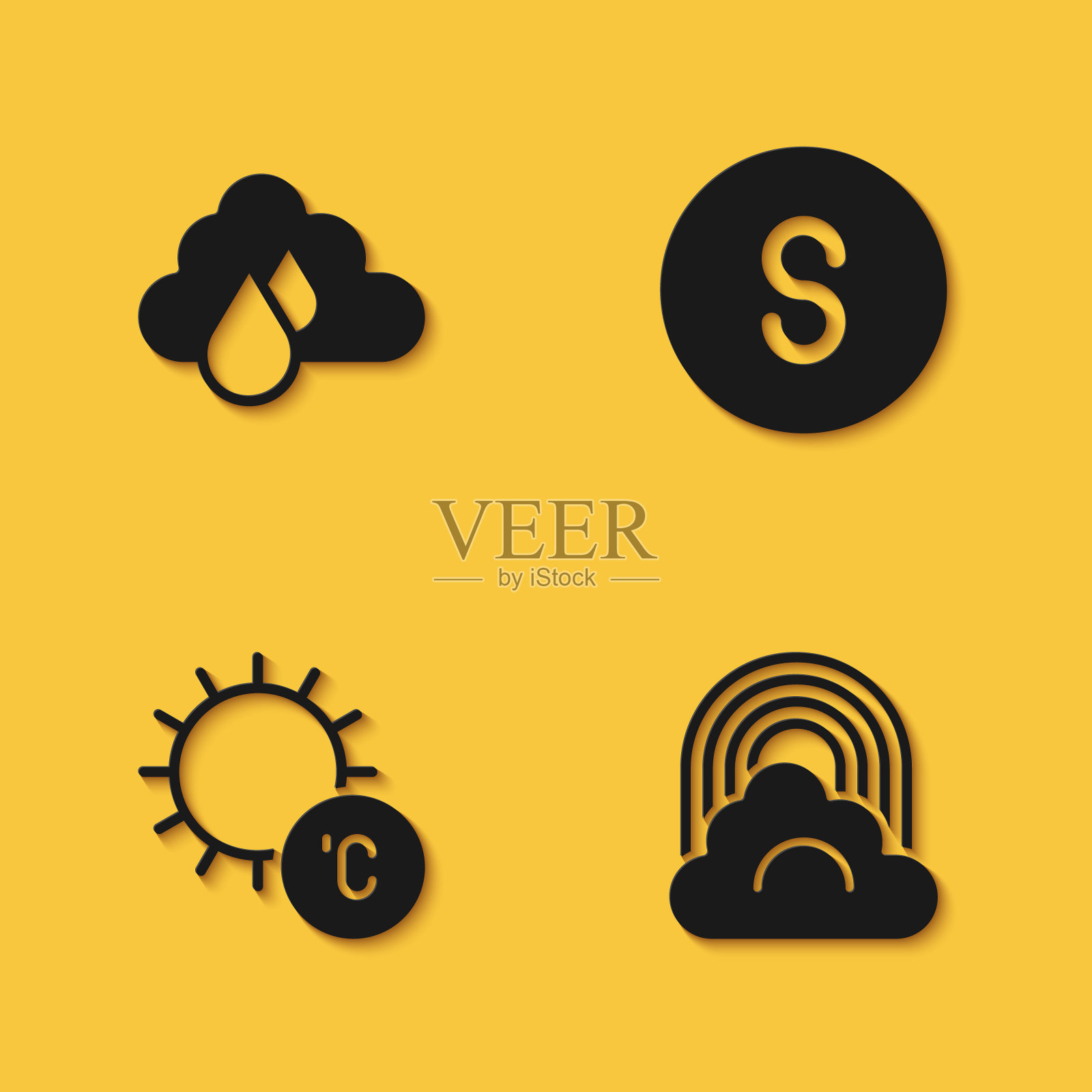 集云与雨，彩虹云，太阳和指南针南图标与长阴影。向量图标素材