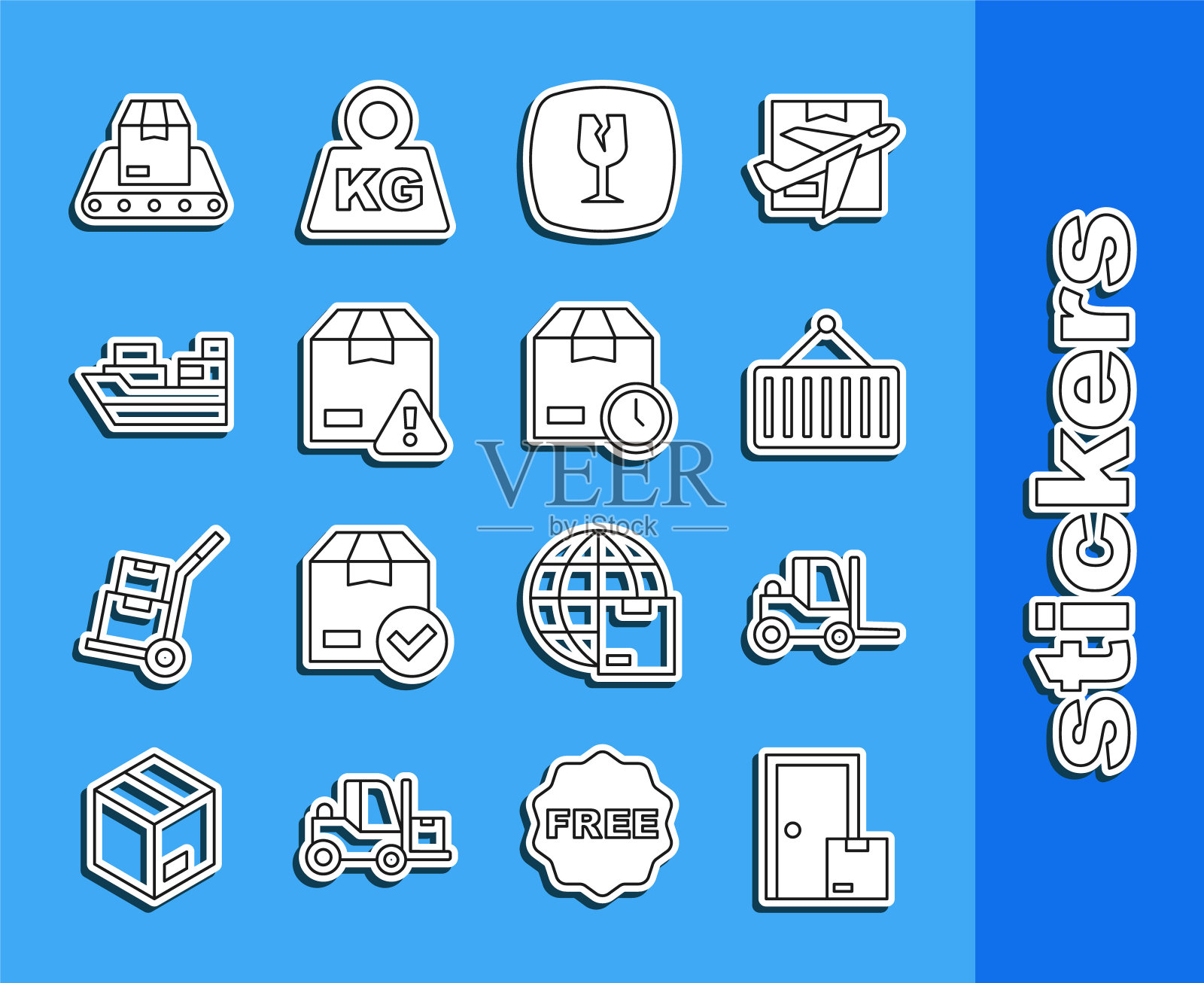 集线家庭送货服务，叉车，集装箱起重机，易碎玻璃，运输安全与盾牌，货船箱，传送带和纸板时钟图标。向量图标素材