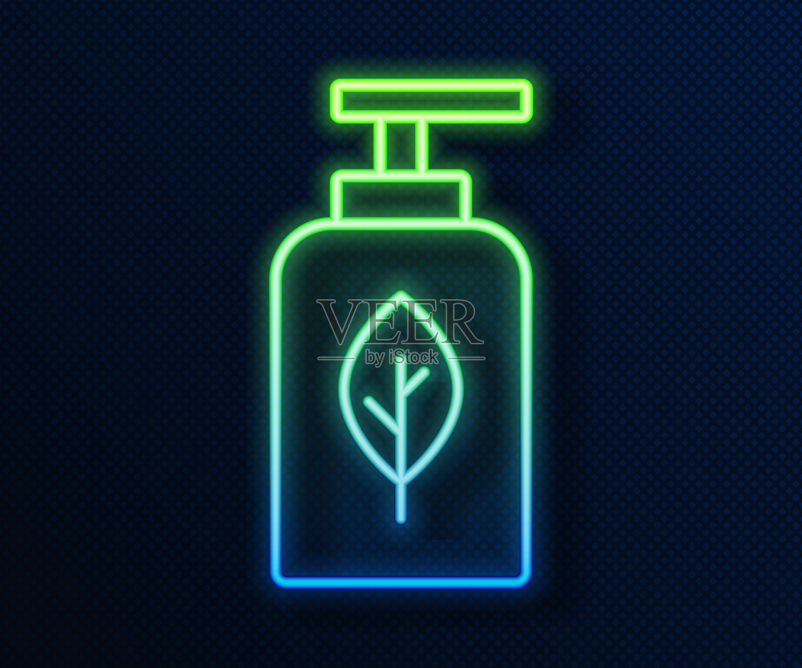 发光的霓虹灯线香精油瓶图标孤立在蓝色背景。有机香薰精华。护肤精华液玻璃滴包。向量插画图片素材
