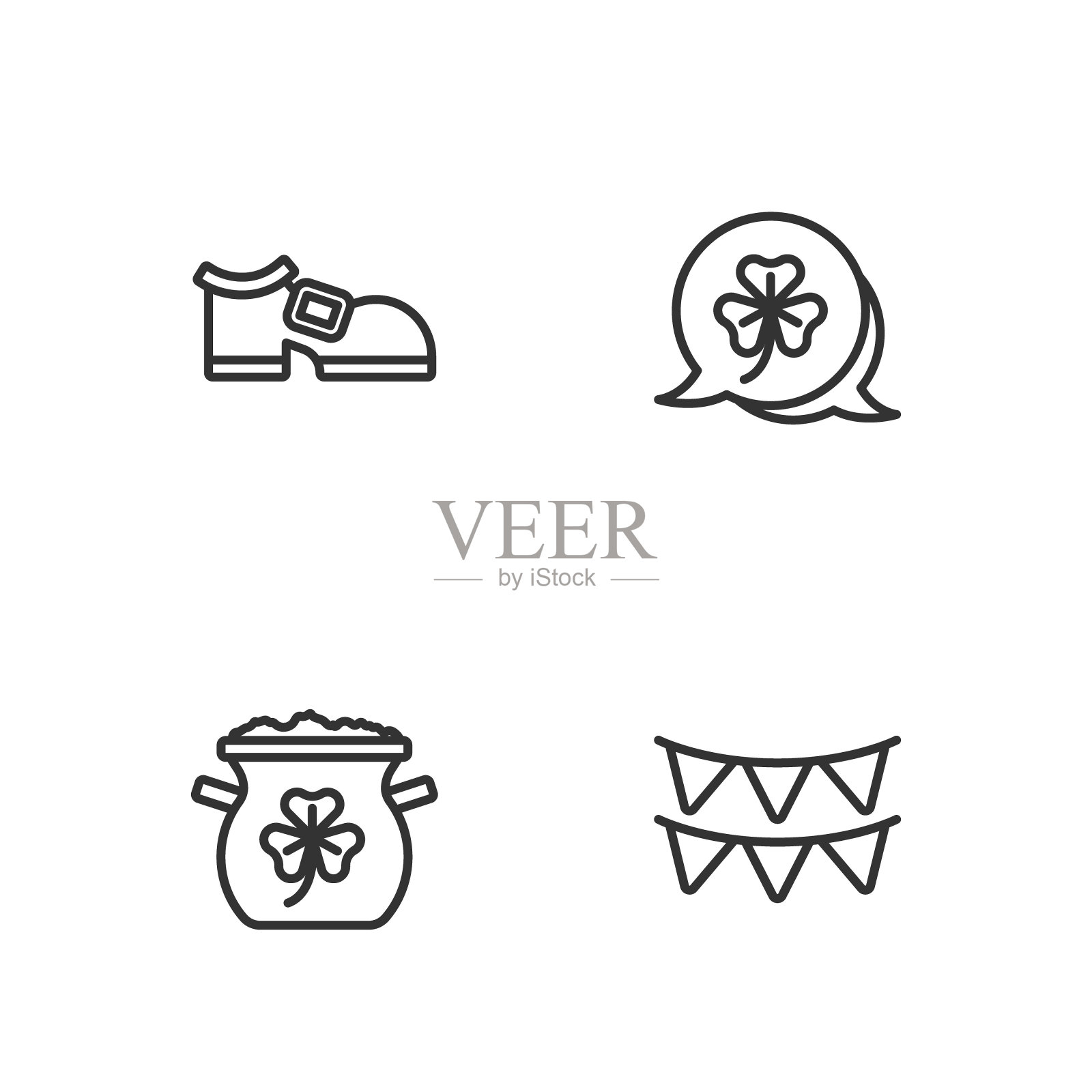 集行嘉年华花环与旗帜，罐金币，妖精靴子和三叶草三叶草叶图标。向量图标素材