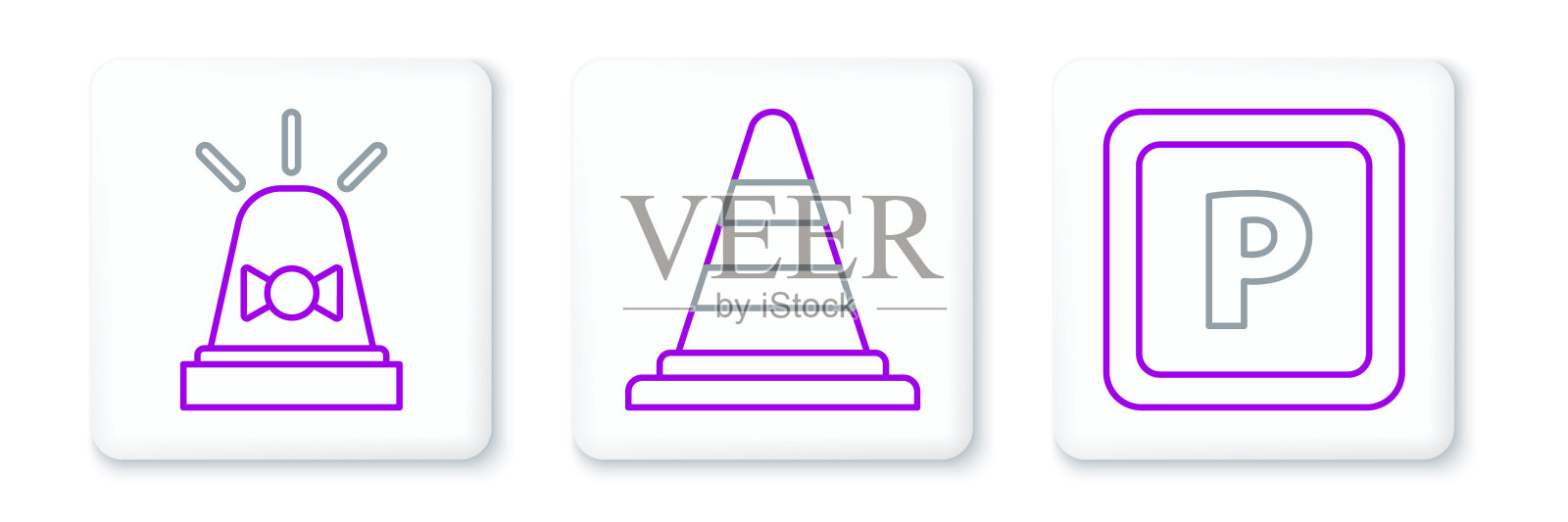 设置线停车，闪光警报器和交通锥图标。向量图标素材