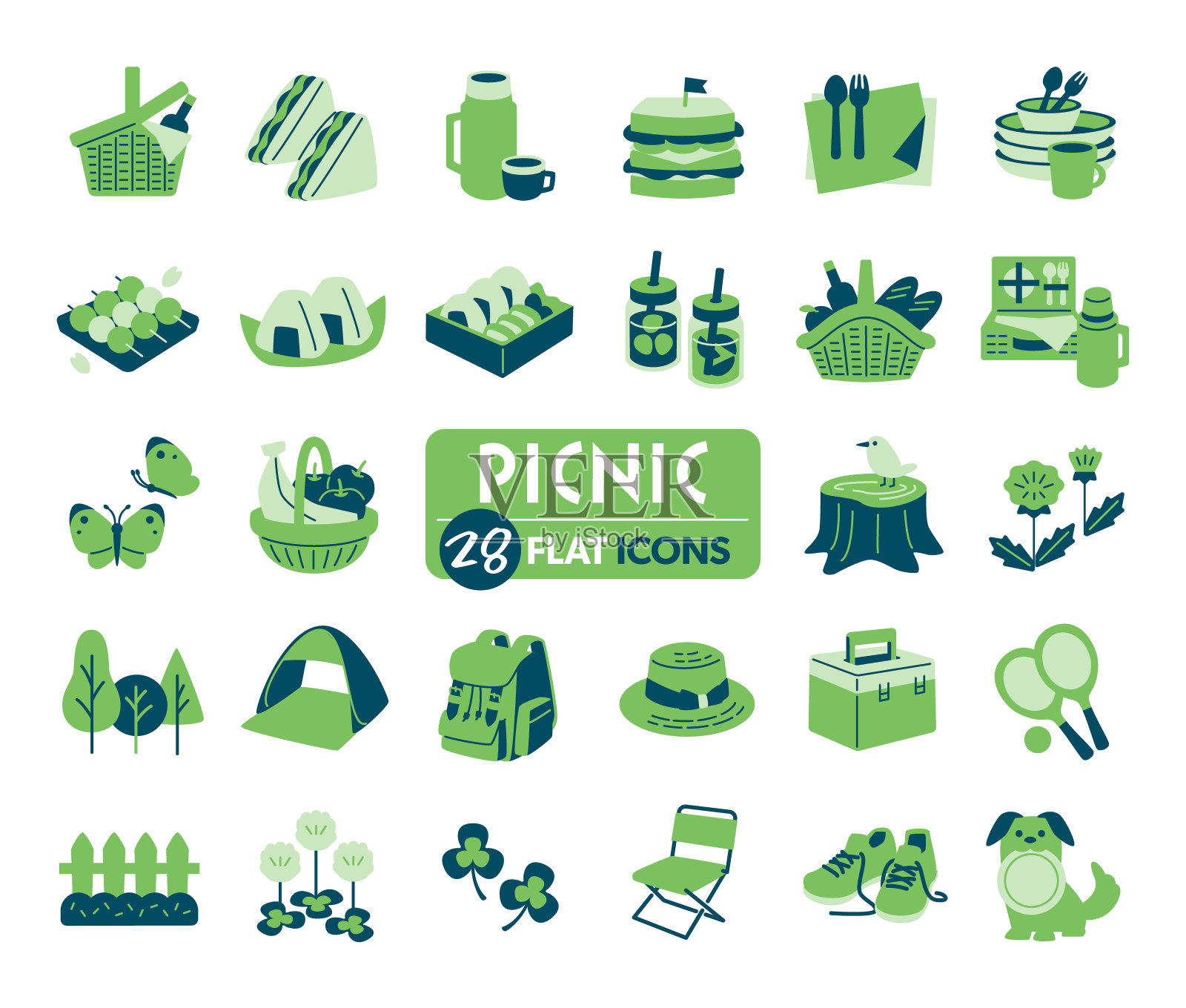 野餐平面图标集，可以是你的设计的一部分插画图片素材