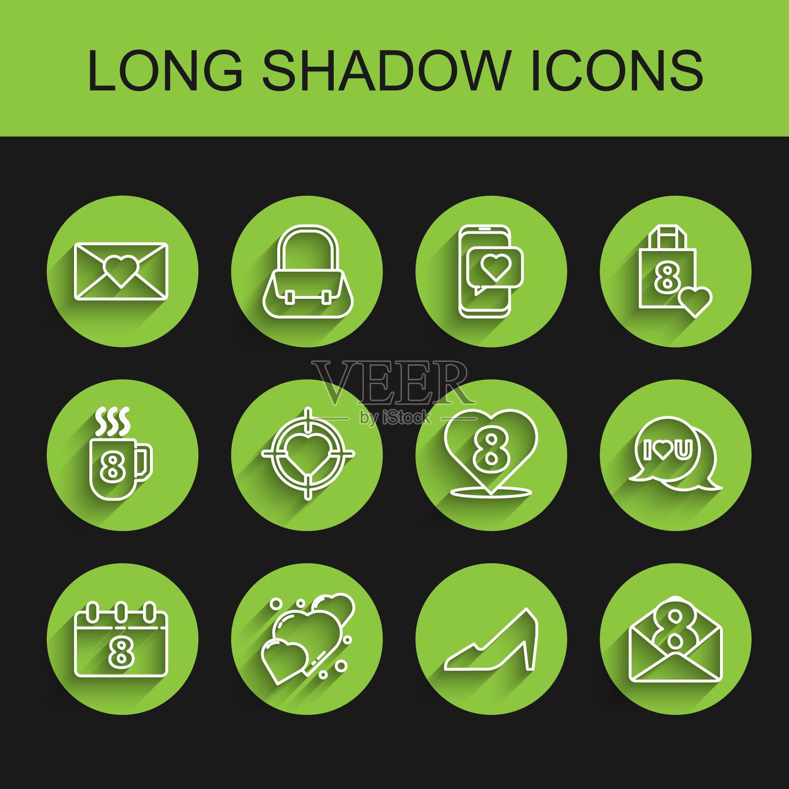 设置行日历与3月8日，心，信封，女人鞋，在目标的中心瞄准，讲话泡泡我爱你和图标。向量图标素材