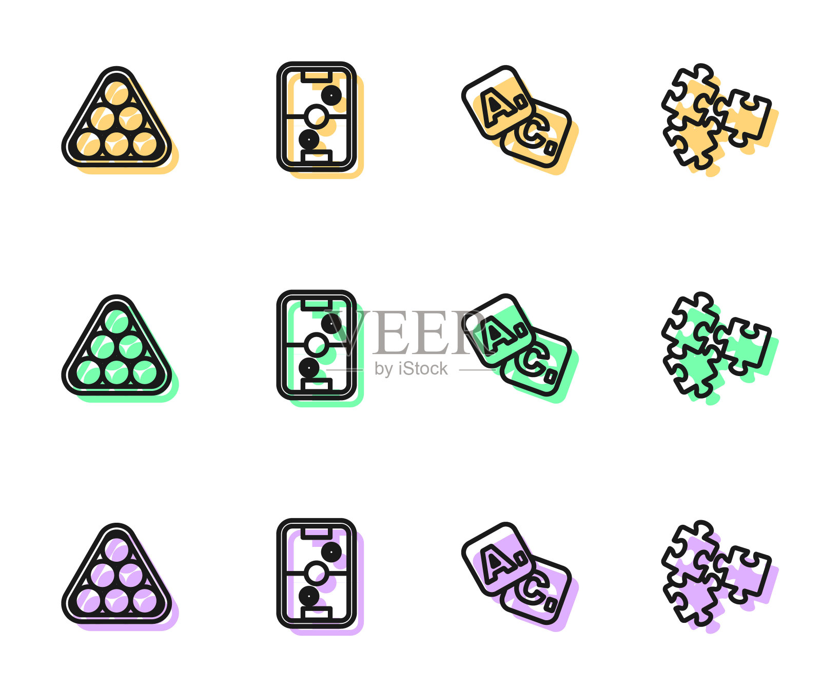 设置线宾果，三角台球，桌上空气曲棍球和拼图玩具图标。向量图标素材