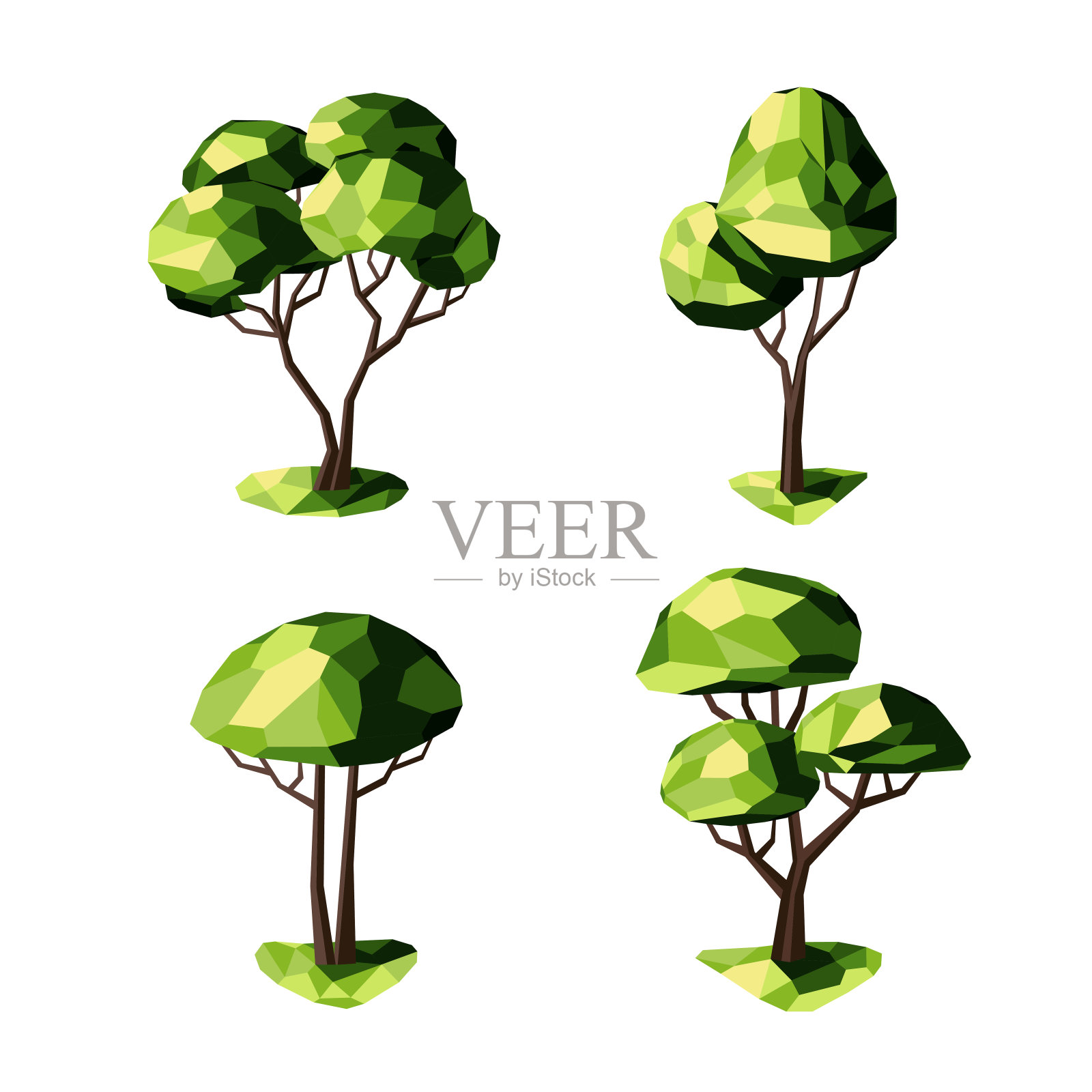 一组低聚树。几何三维树。景观设计中的随从元素。矢量。插画图片素材