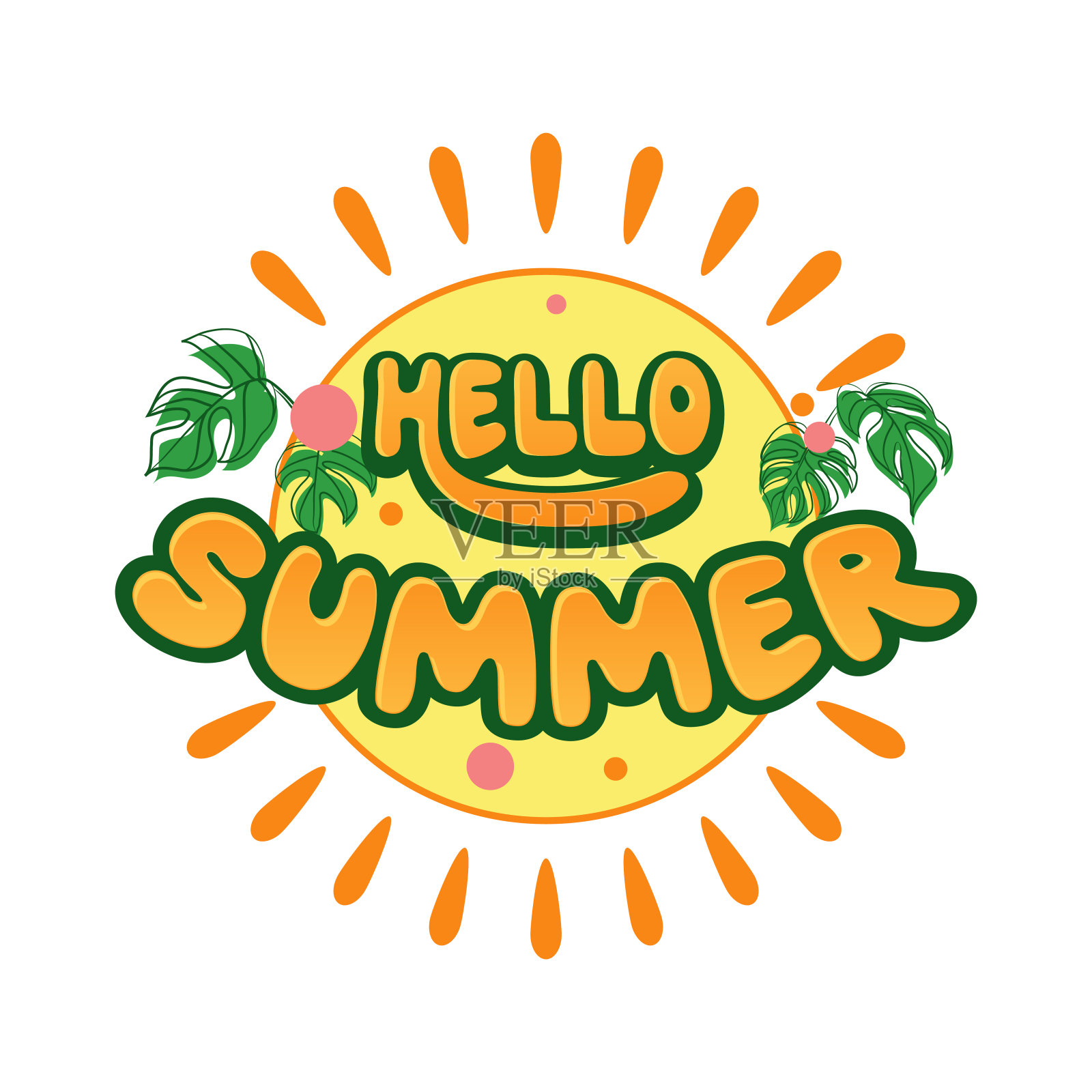 你好，夏天的象征，热带树叶和太阳插画图片素材