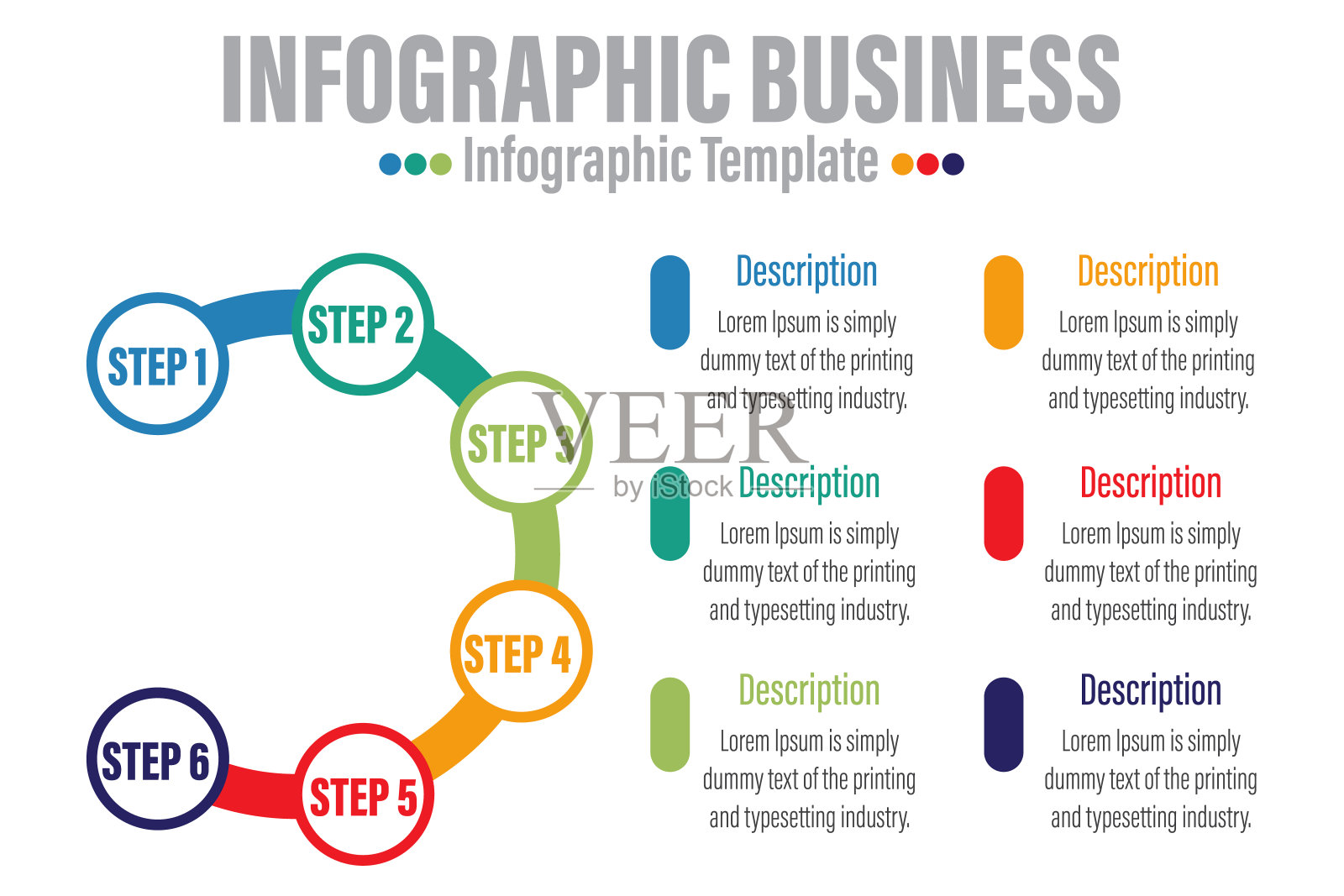 六6步，六6选项信息图设计模板与圆圈。有选择的商业概念。对于内容，图表，流程图，步骤，部分，时间轴信息图，工作流布局，图表，插图。设计模板素材