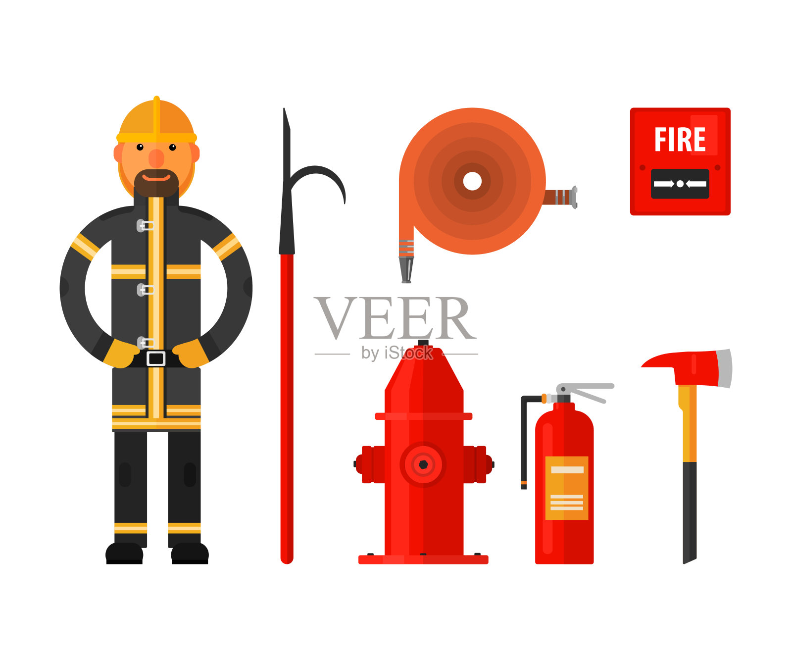 消防队员在制服与工具和设备平面矢量集插画图片素材