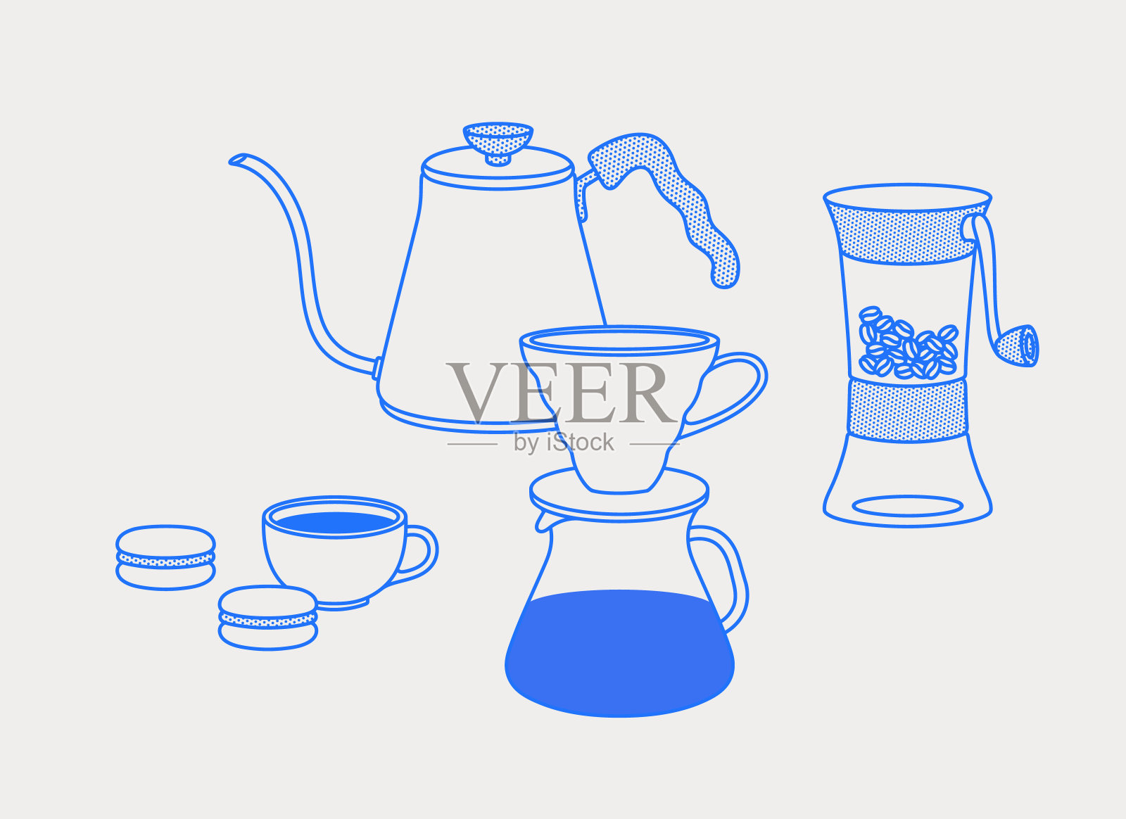 倒过来，水壶，咖啡，研磨机，马卡龙。插画图片素材