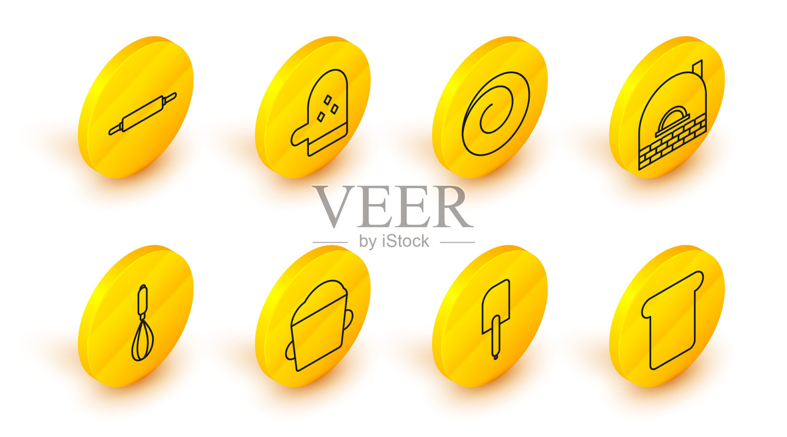 集线面包吐司，锅铲，面包碗面团，厨房打蛋器，砖炉，面包卷肉桂，烤箱手套和擀面杖图标。向量图标素材