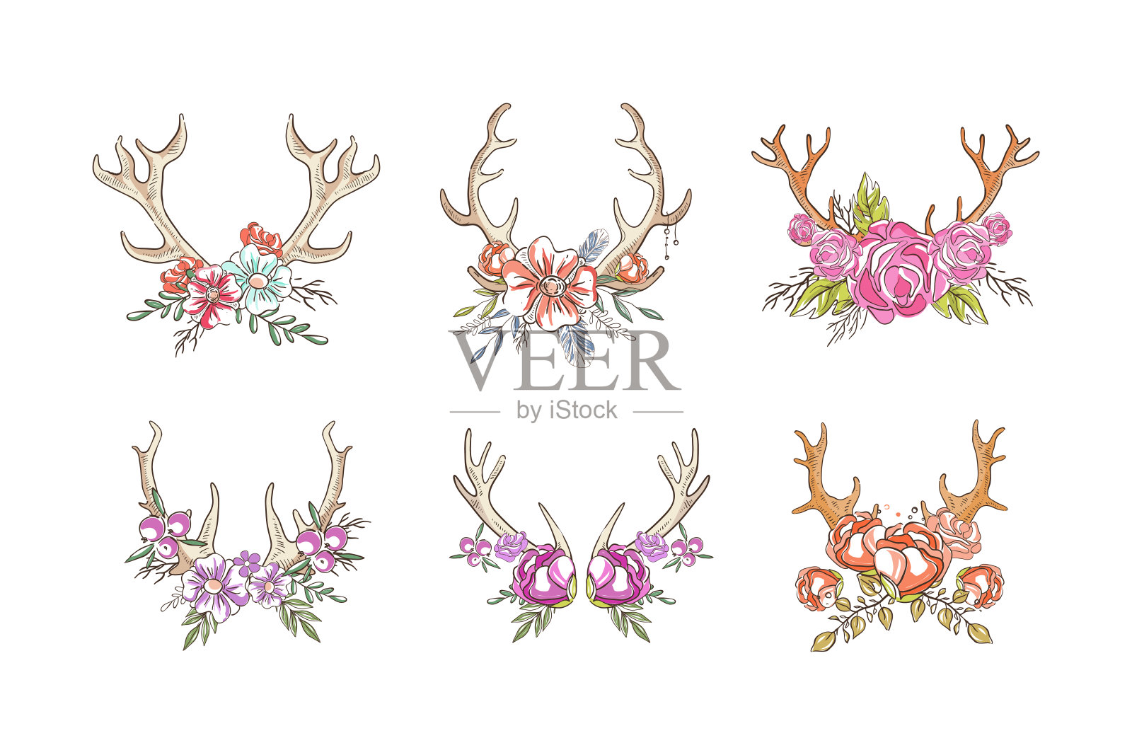 盛开鲜花鹿角矢量素材插画图片素材