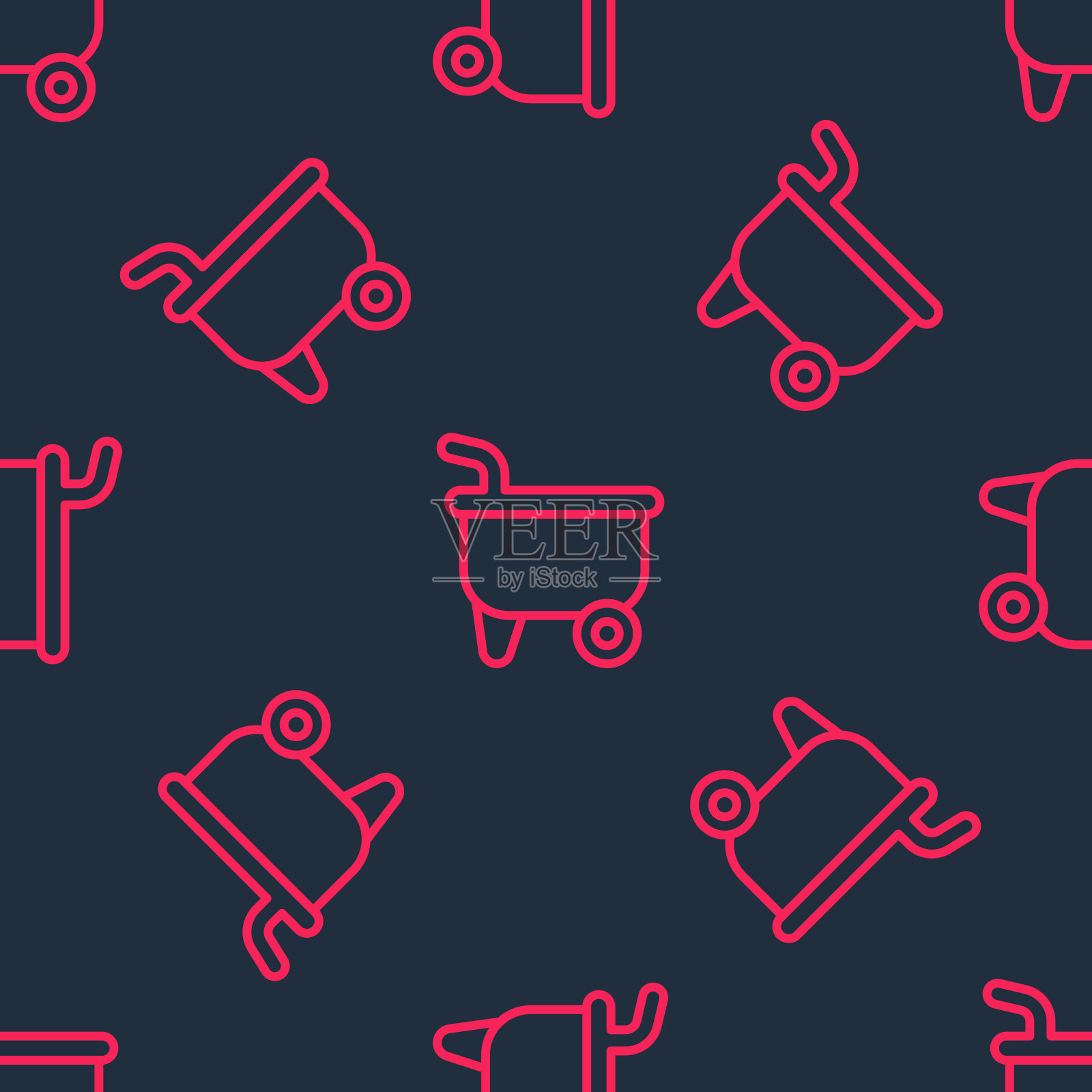 红线独轮车图标隔离无缝模式在黑色背景。工具设备。农业手推车轮农场。向量插画图片素材