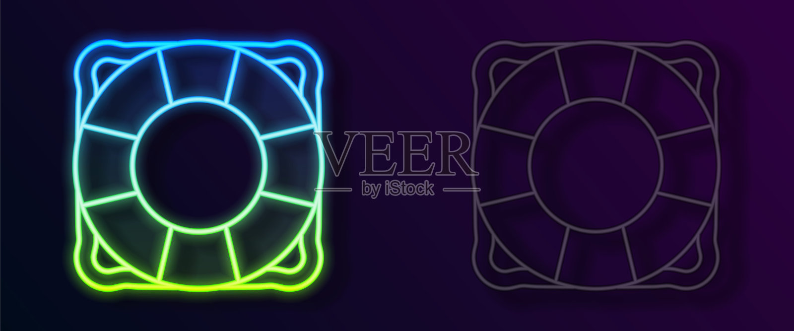 发光的霓虹灯线救生圈图标隔离在黑色背景上。救生圈的象征。向量图标素材