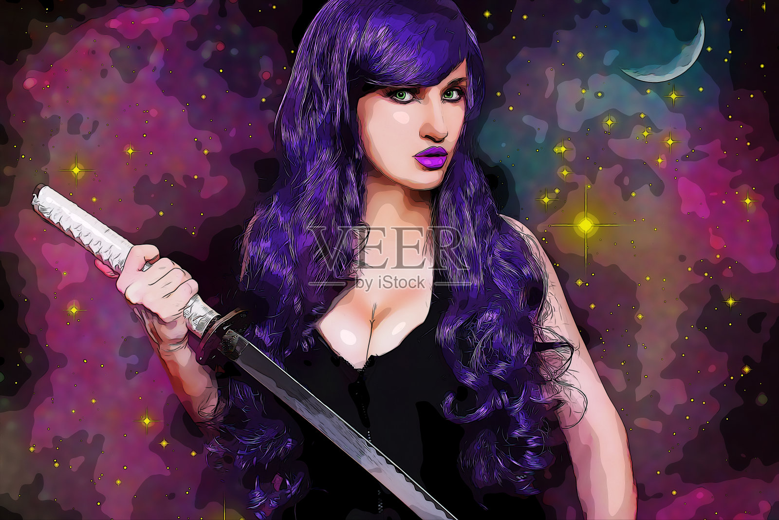 漫画书风格的插图，一个白人妇女与剑和月亮。照片摄影图片