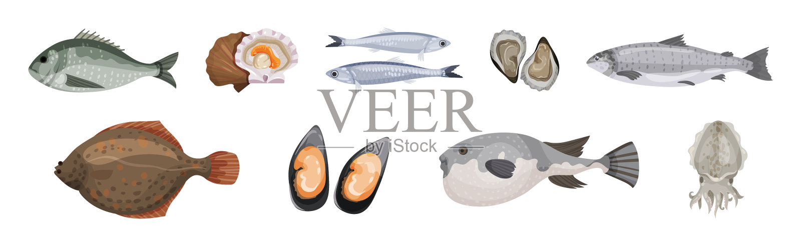 海鲜和海鲜美味，鱼牡蛎插画图片素材