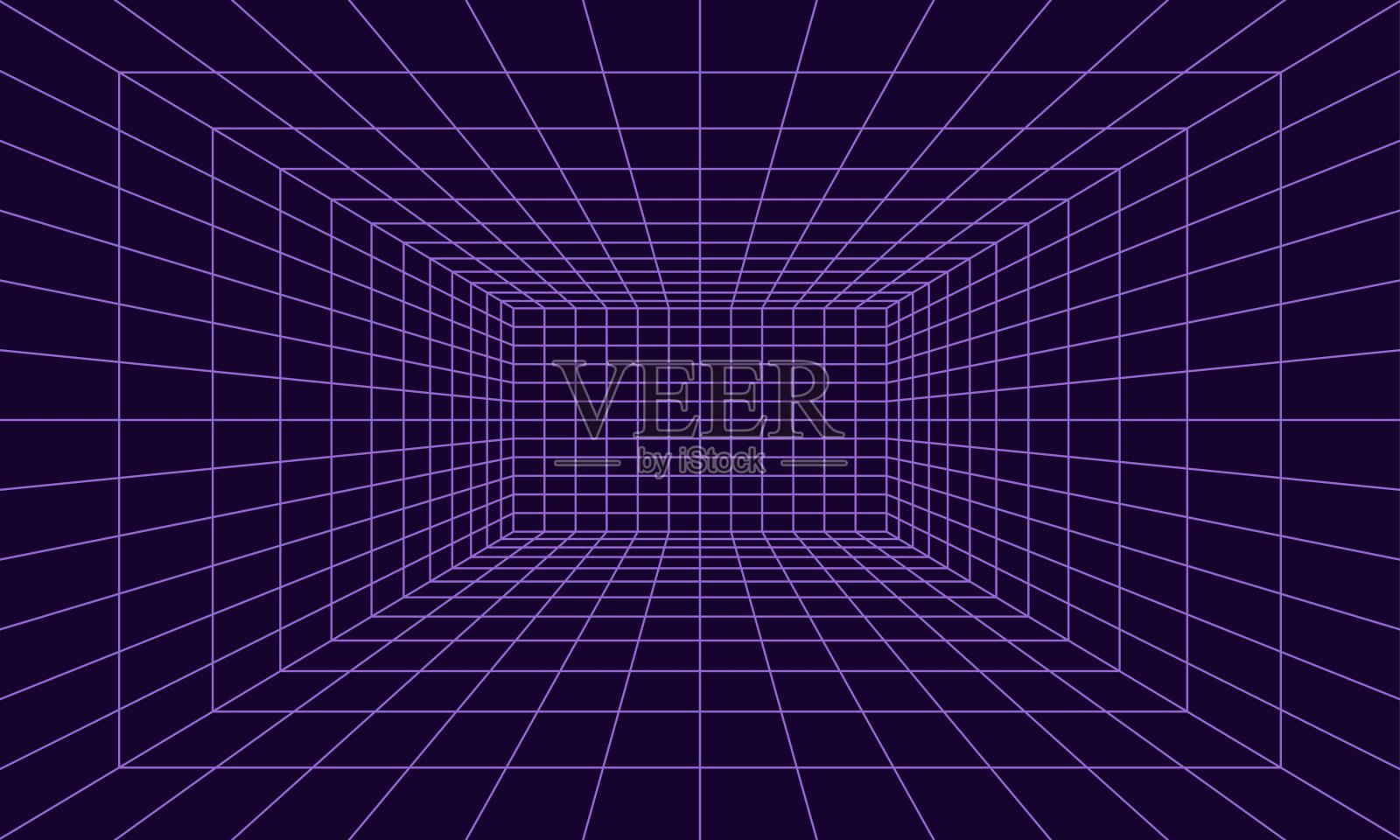 网格房间透视在3d风格。室内线框由紫色激光束、数字空盒组成。抽象几何设计插画图片素材